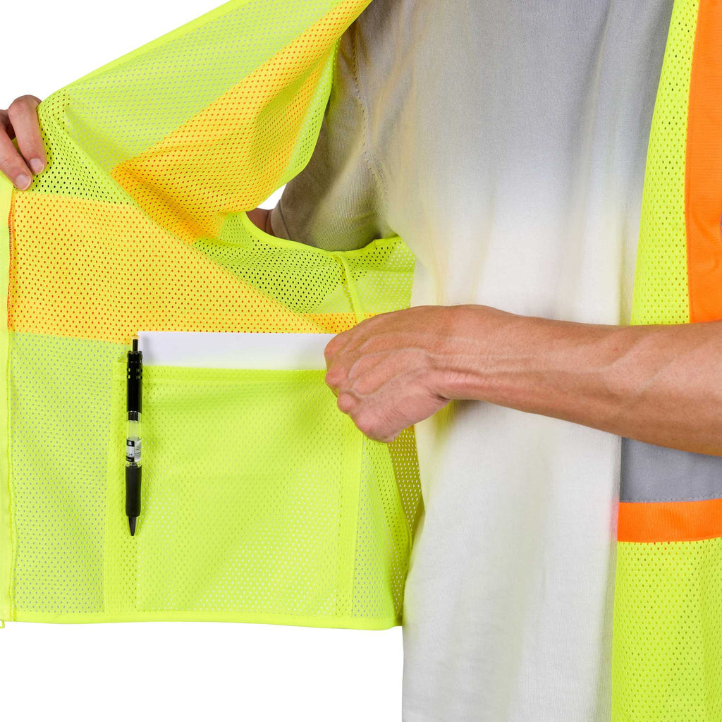 Be Safe Type R Class 2 Lime 2XL/3XL High Visibility X-Back Reflective Tape Mesh Safety Vest - Zipper Closure - 20 count box