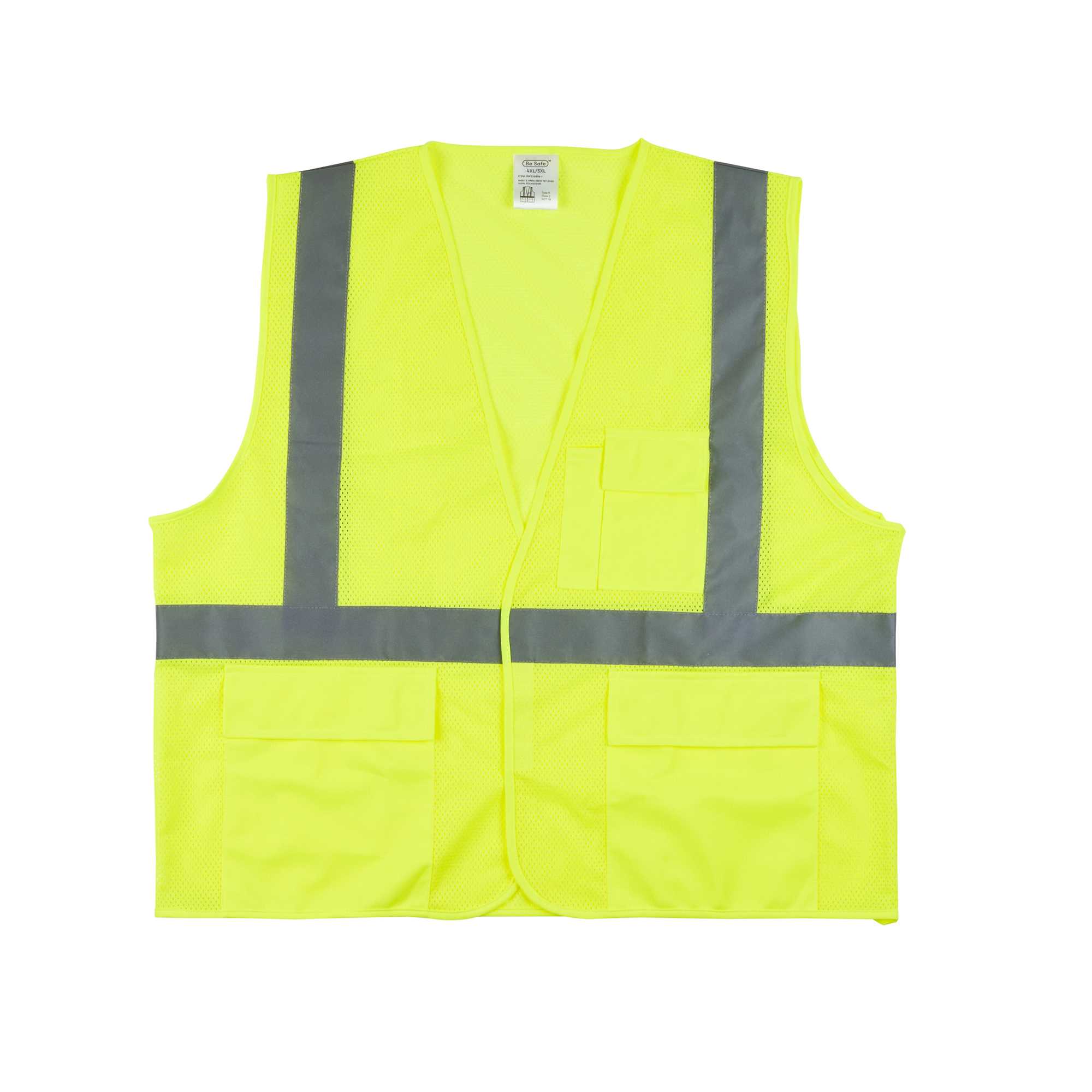 Be Safe Type R Class 2 Lime 4XL/5XL High Visibility Mesh Safety Vest - Hook/Loop Closure, Reflective Tape - 20 count box