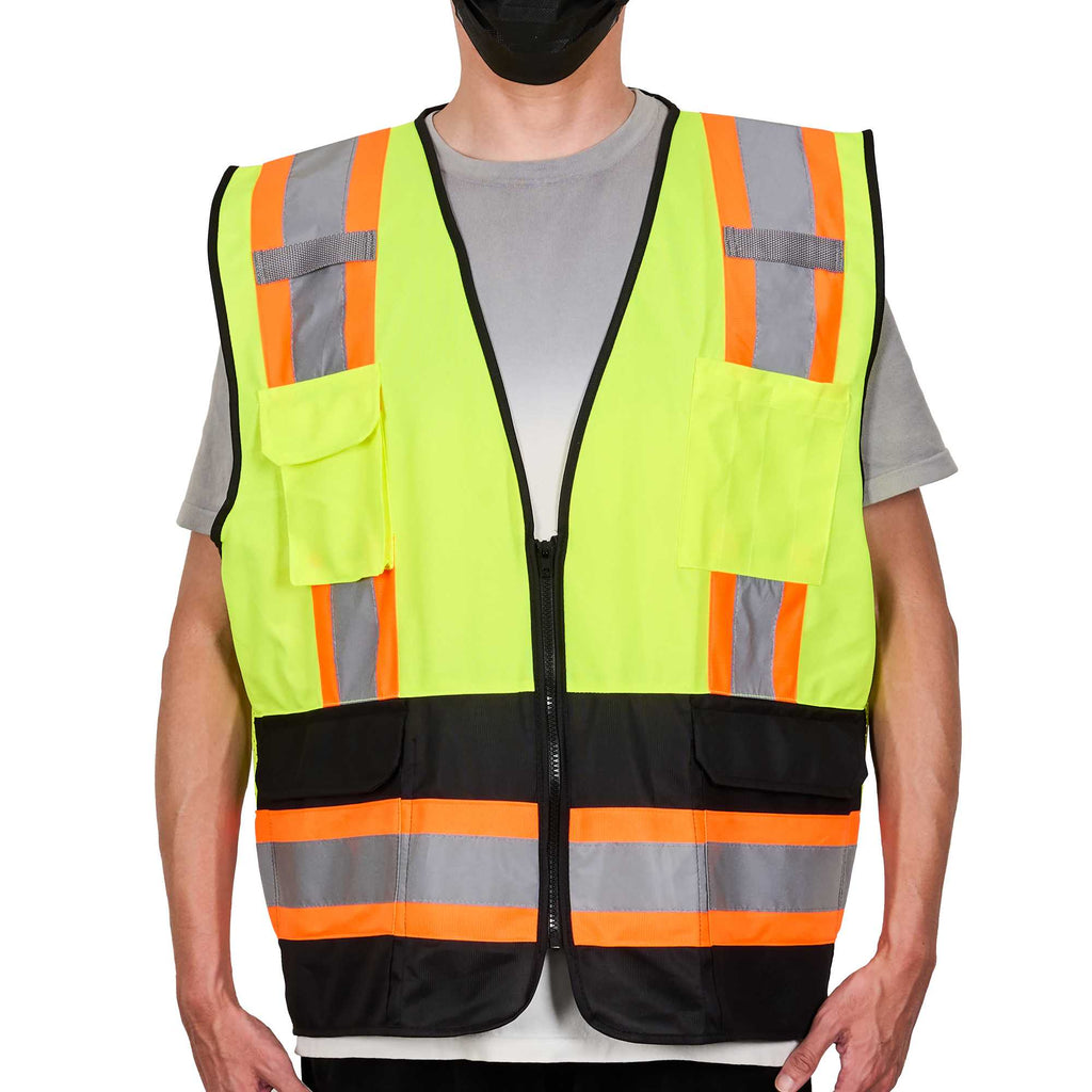 Be Safe Type R Class 2 Lime S/M Deluxe High Visibility Safety Vest - Zipper Closure, Black Panel, Reflective Tape - 20 count box