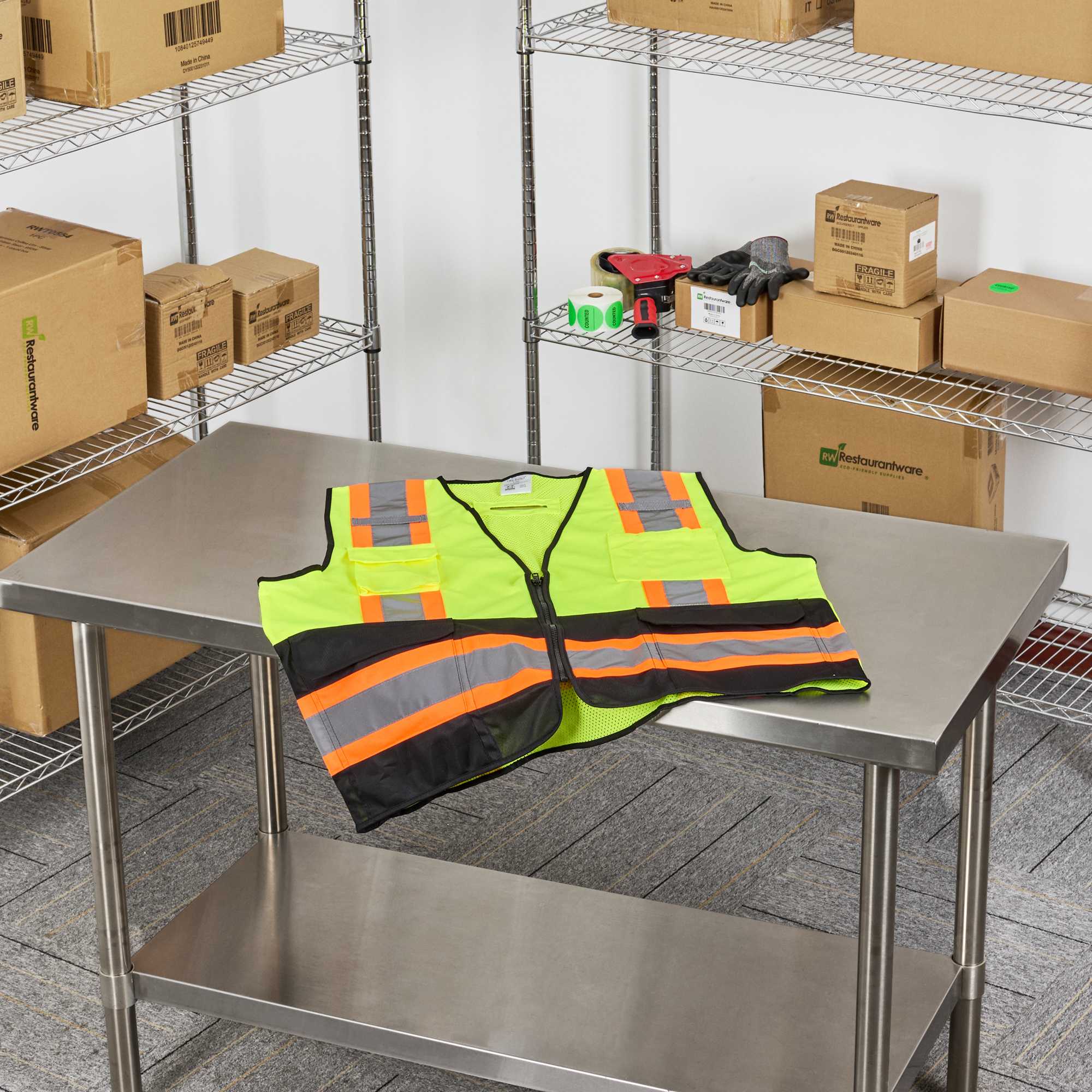 Be Safe Type R Class 2 Lime L/XL Deluxe High Visibility Safety Vest - Zipper Closure, Black Panel, Reflective Tape - 20 count box