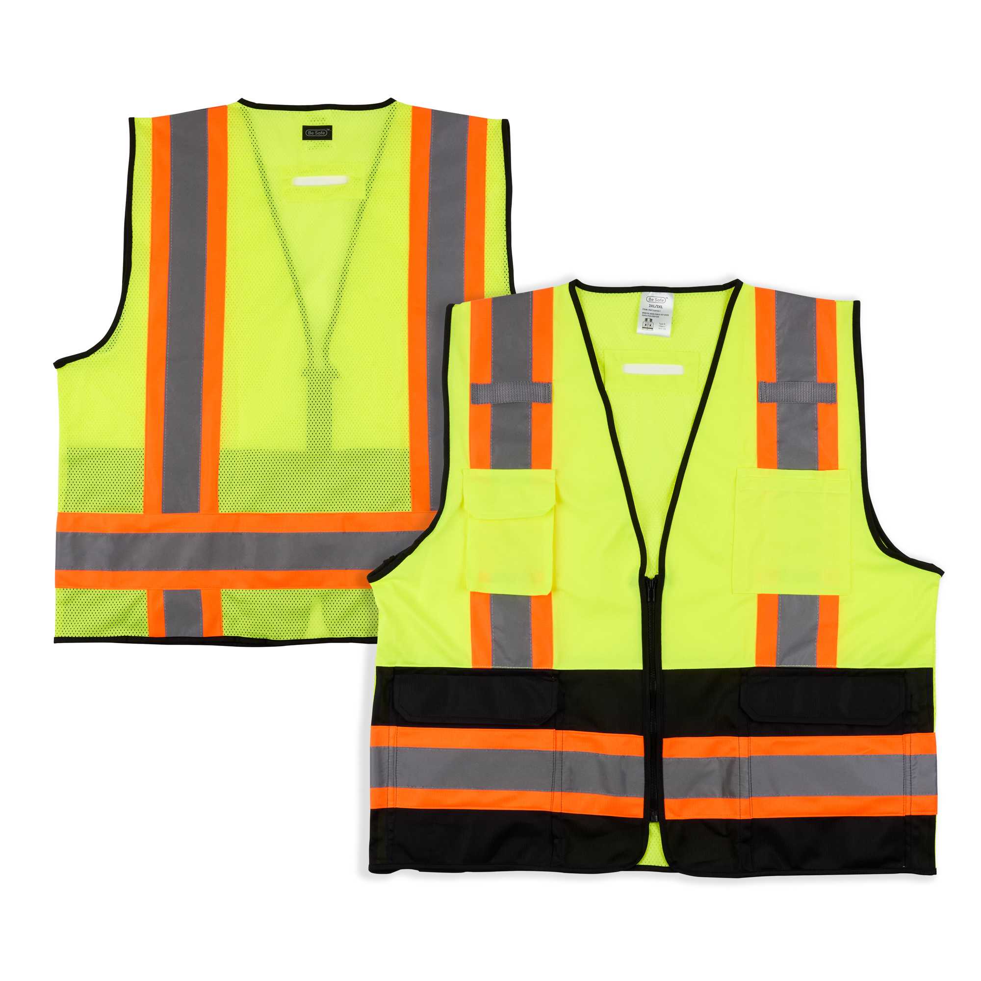 Be Safe Type R Class 2 Lime 2XL/3XL Deluxe High Visibility Safety Vest - Zipper Closure, Black Panel, Reflective Tape - 1 count box