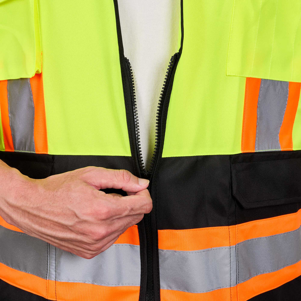 Be Safe Type R Class 2 Lime 2XL/3XL Deluxe High Visibility Safety Vest - Zipper Closure, Black Panel, Reflective Tape - 20 count box