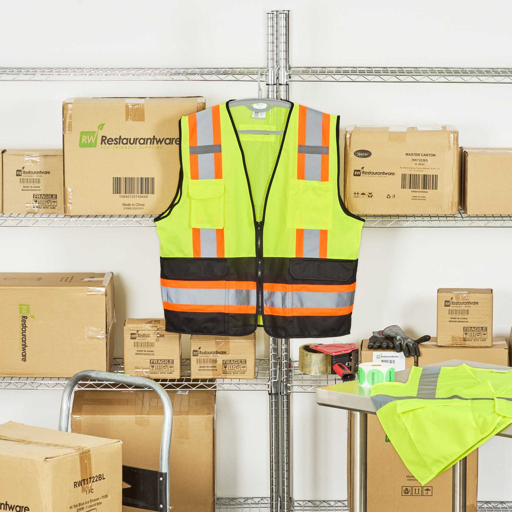 Be Safe Type R Class 2 Lime 2XL/3XL Deluxe High Visibility Safety Vest - Zipper Closure, Black Panel, Reflective Tape - 20 count box