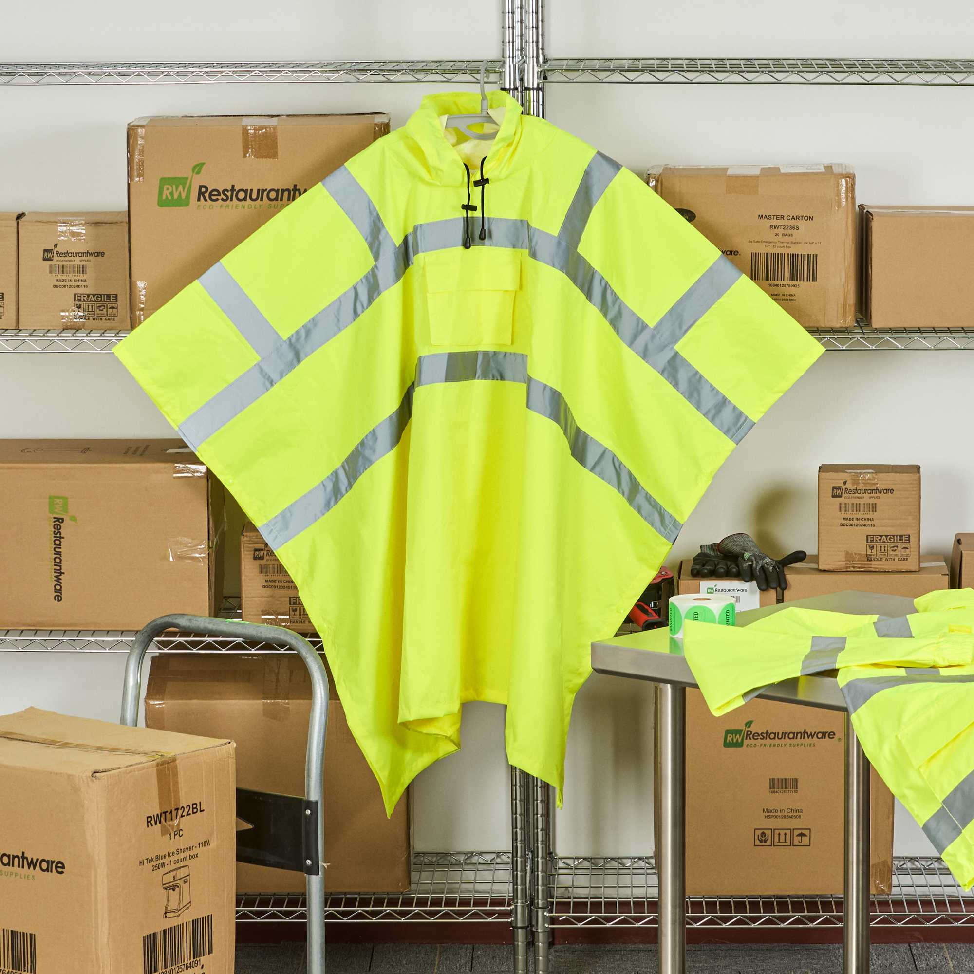 Be Safe Type R Class 3 Lime One Size Fits All High Visibility Lightweight Rain Poncho - Reflective Tape - 20 count box