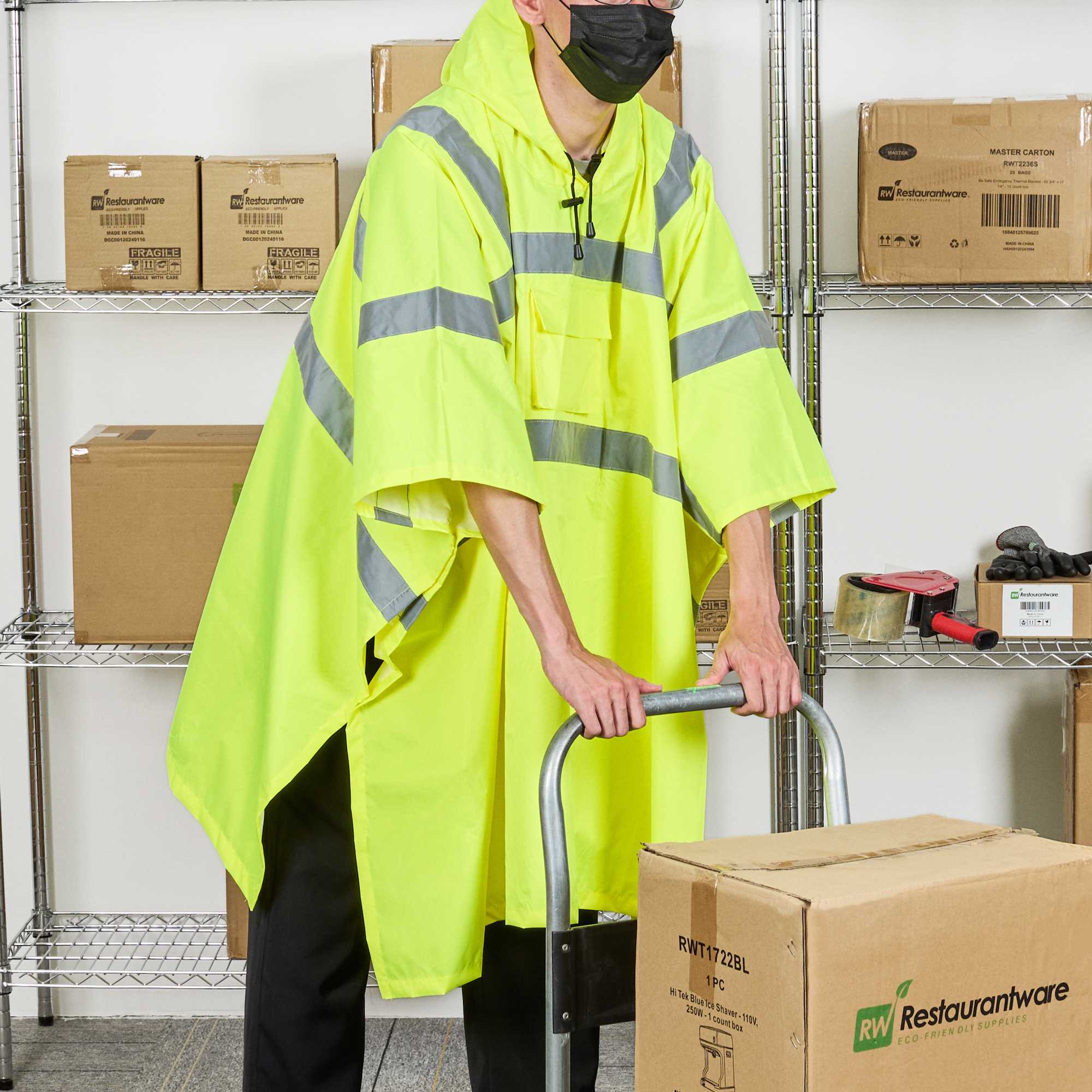 Be Safe Type R Class 3 Lime One Size Fits All High Visibility Lightweight Rain Poncho - Reflective Tape - 20 count box