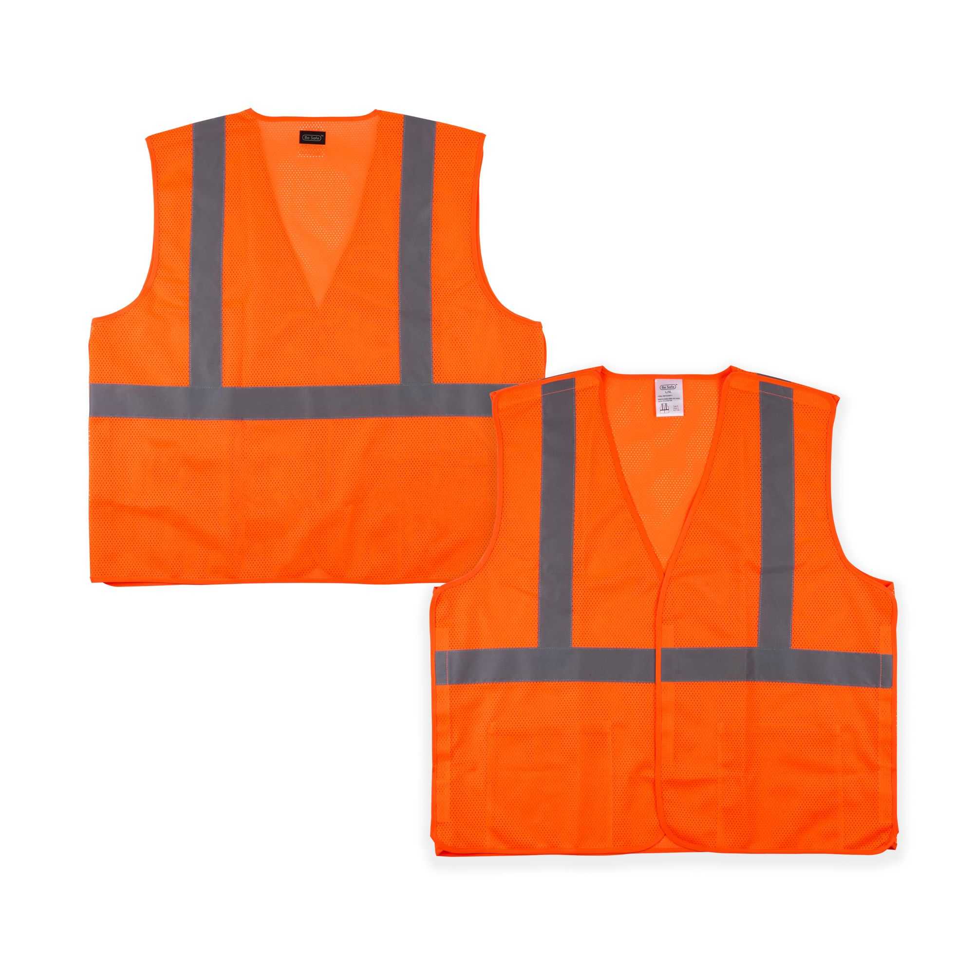Be Safe Type R Class 2 Orange L/XL High Visibility 5-Point Breakaway Mesh Safety Vest - Hook/Loop Closure, Reflective Tape - 20 count box