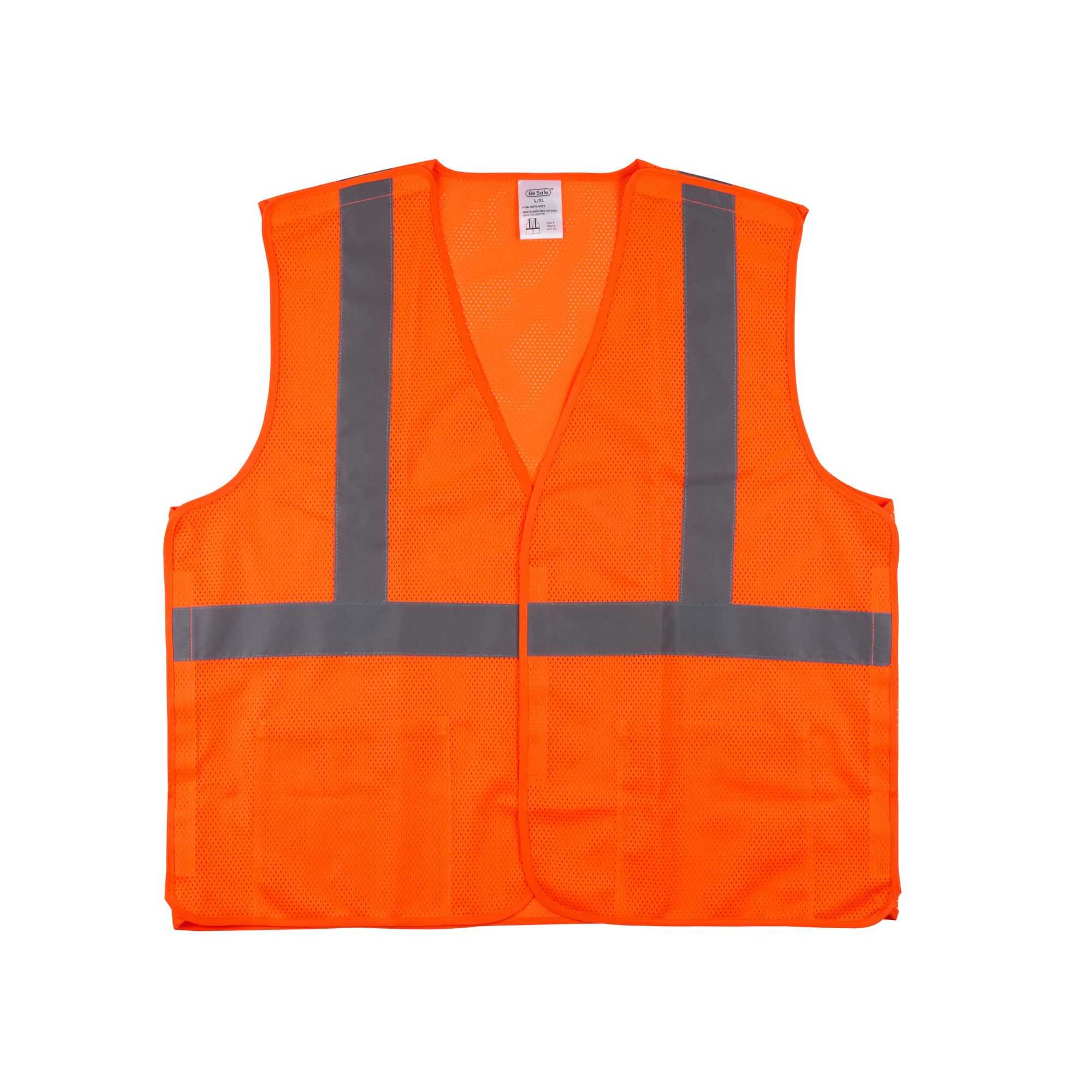 Be Safe Type R Class 2 Orange L/XL High Visibility 5-Point Breakaway Mesh Safety Vest - Hook/Loop Closure, Reflective Tape - 20 count box