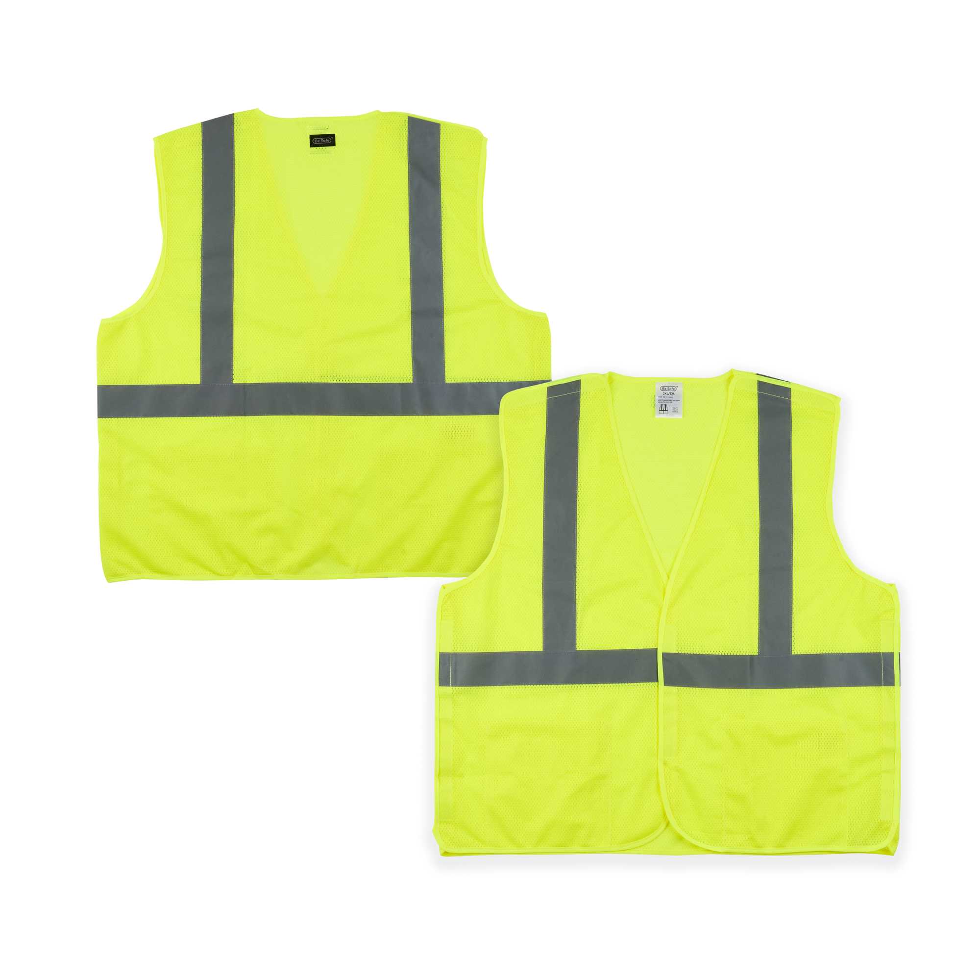 Be Safe Type R Class 2 Lime 2XL/3XL High Visibility 5-Point Breakaway Mesh Safety Vest - Hook/Loop Closure, Reflective Tape - 20 count box