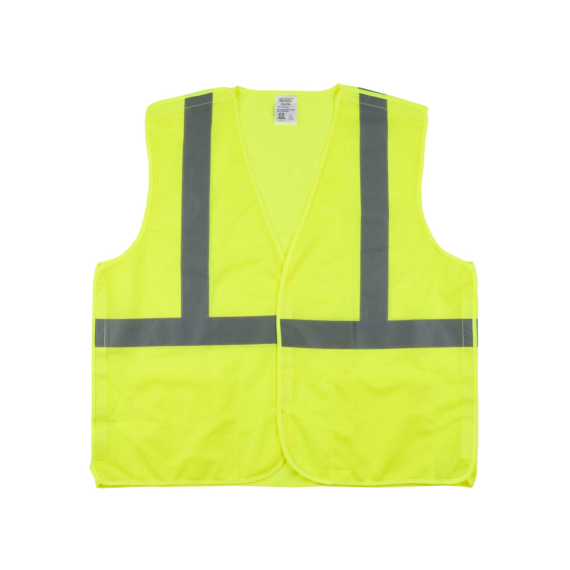 Be Safe Type R Class 2 Lime 2XL/3XL High Visibility 5-Point Breakaway Mesh Safety Vest - Hook/Loop Closure, Reflective Tape - 20 count box