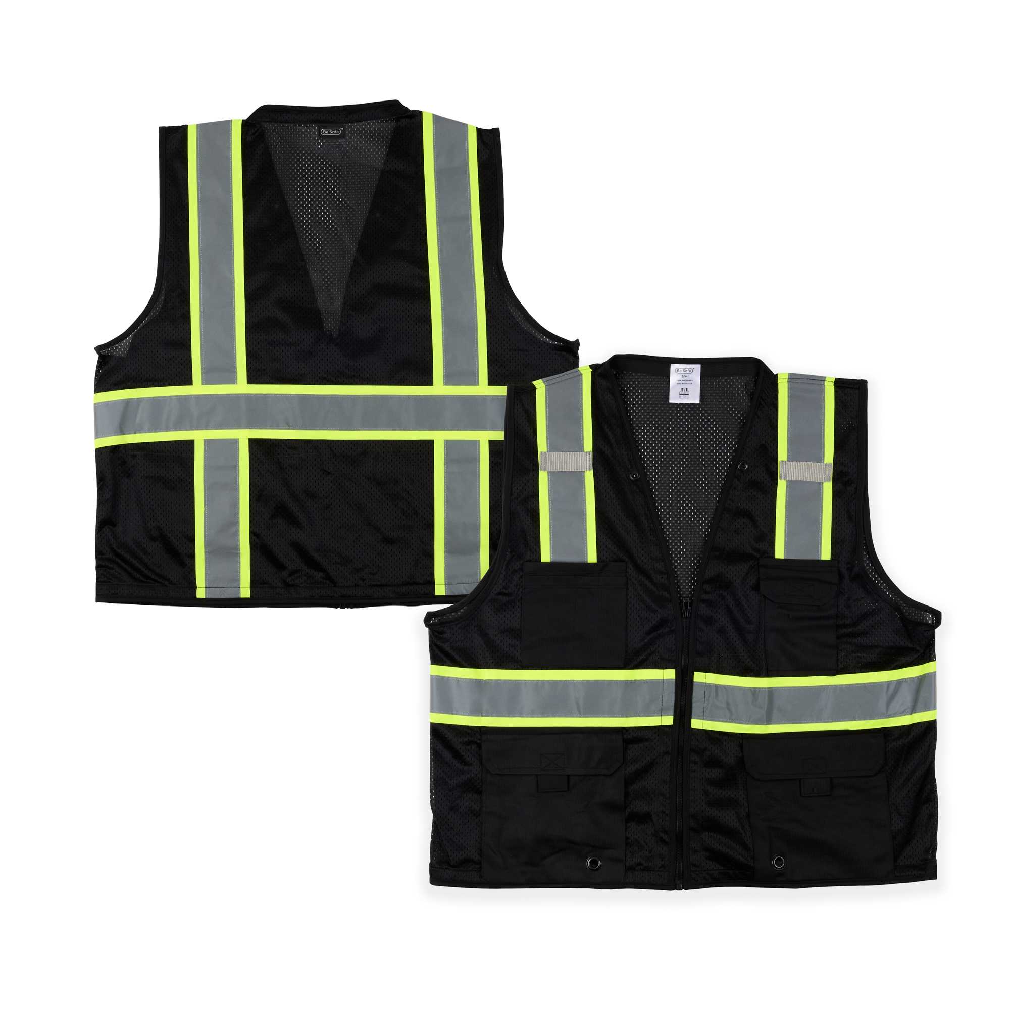 Be Safe Black S/M High Visibility Mesh Safety Vest - Zipper Closure, Reflective Tape - 20 count box
