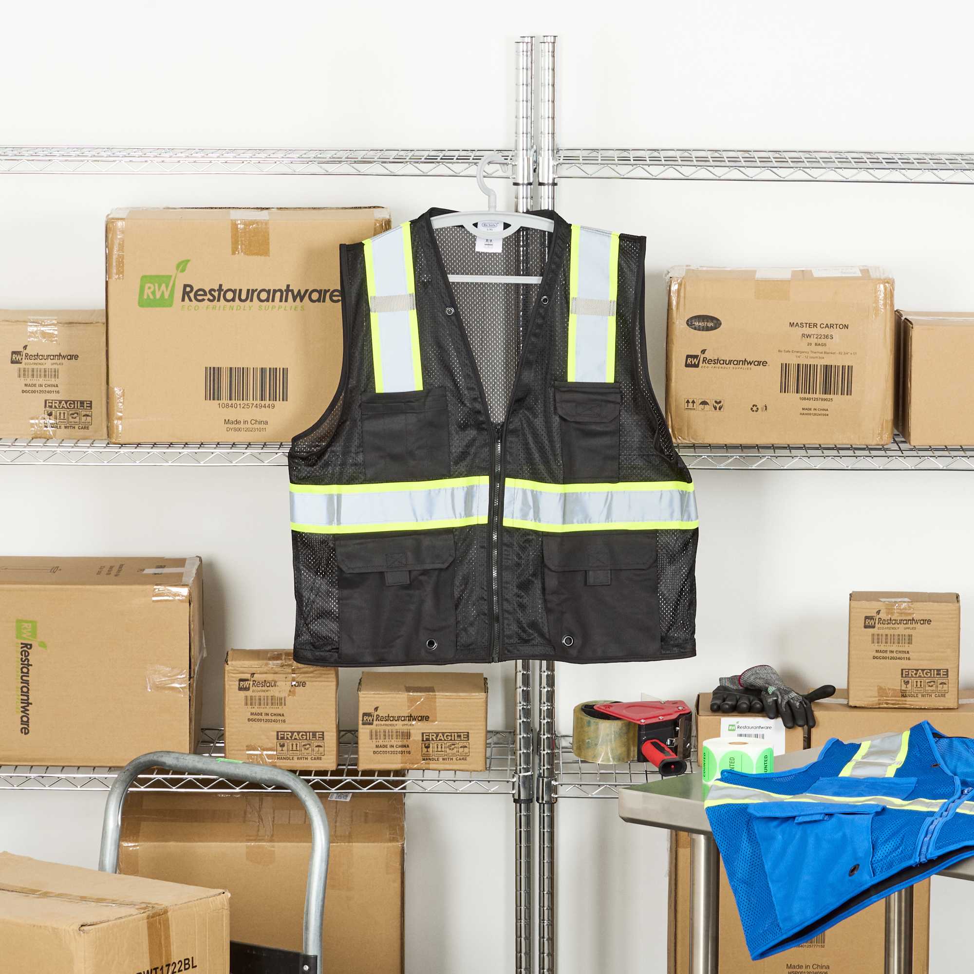 Be Safe Black L/XL High Visibility Mesh Safety Vest - Zipper Closure, Reflective Tape - 1 count box