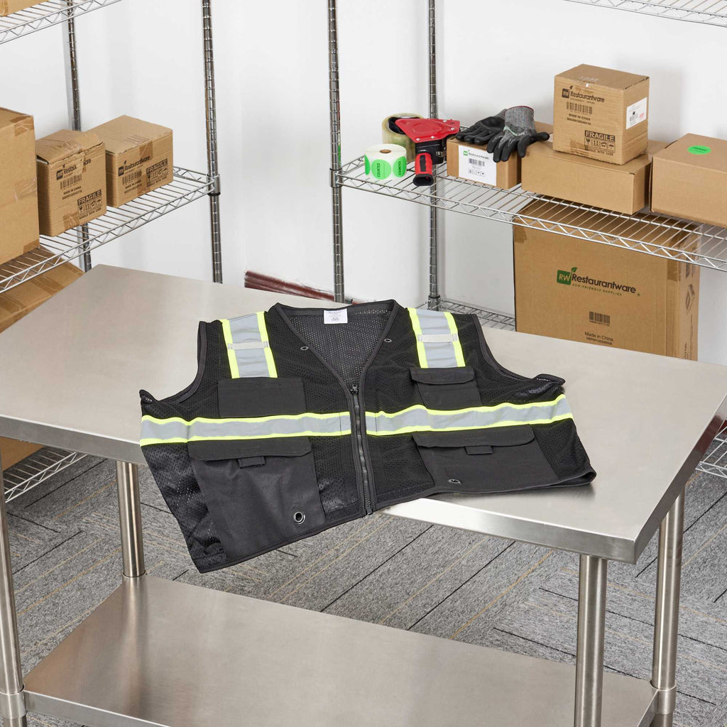 Be Safe Black L/XL High Visibility Mesh Safety Vest - Zipper Closure, Reflective Tape - 20 count box