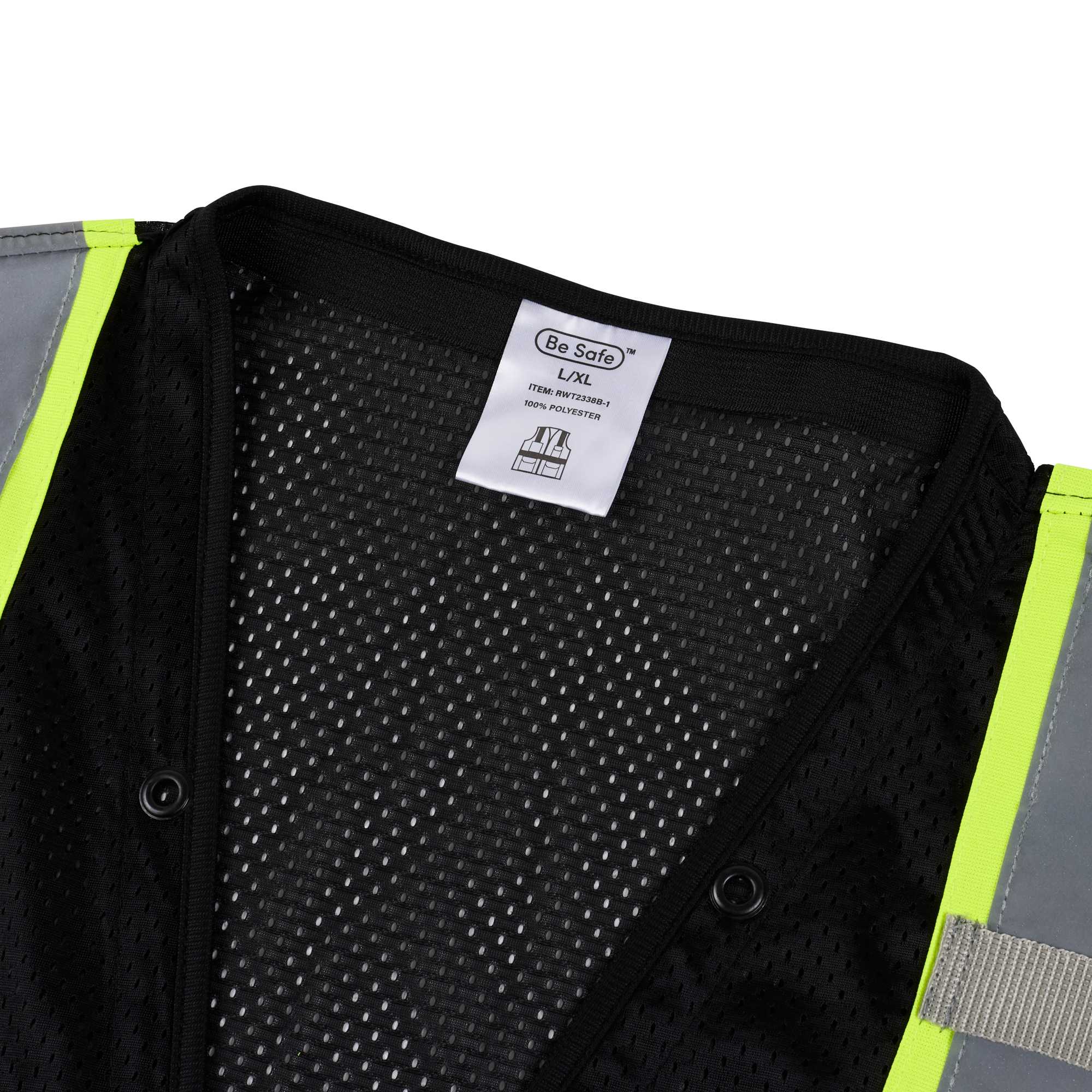 Be Safe Black L/XL High Visibility Mesh Safety Vest - Zipper Closure, Reflective Tape - 20 count box