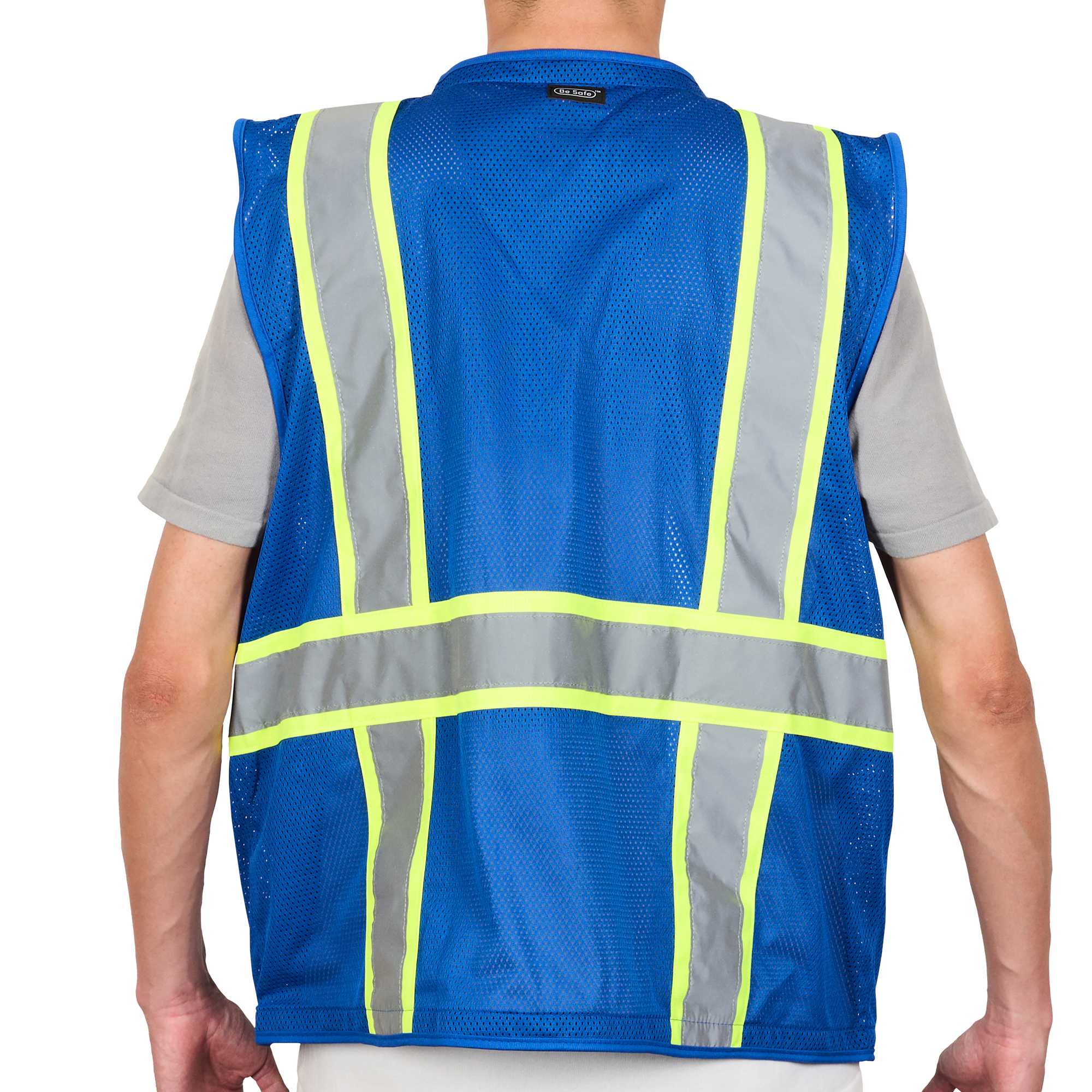 Be Safe Blue L/XL High Visibility Mesh Safety Vest - Zipper Closure, Reflective Tape - 20 count box