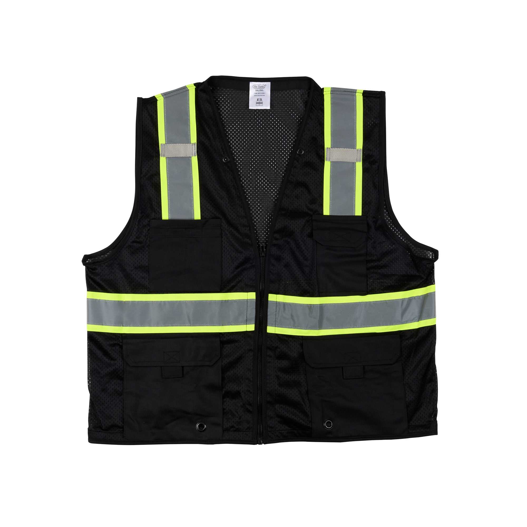 Be Safe Black 2XL/3XL High Visibility Mesh Safety Vest - Zipper Closure, Reflective Tape - 20 count box