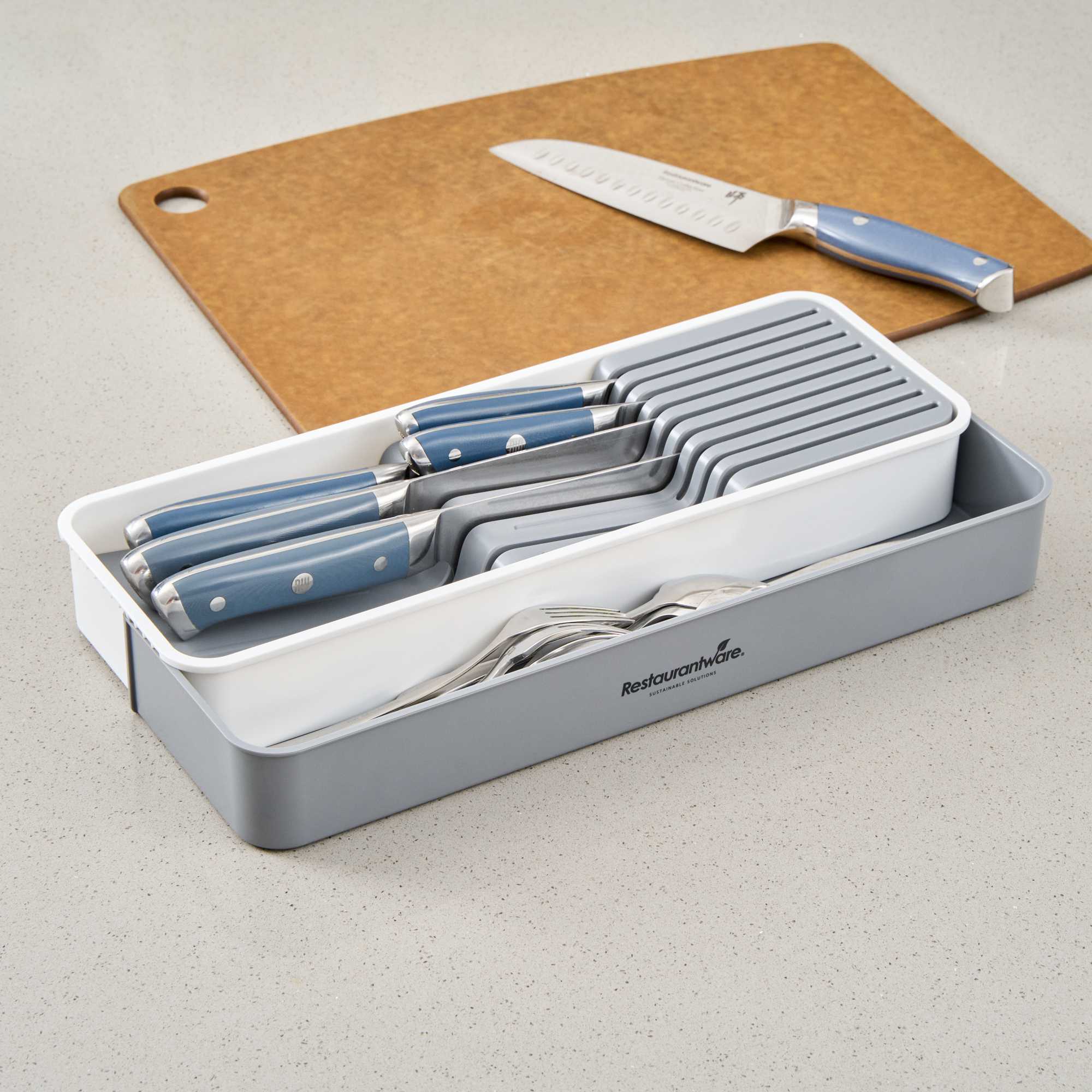 Clean Tek Professional Gray and White Plastic Expandable 2-Tier Knife Drawer Organizer - 15 1/2" x 5 1/2" x 2 1/4" - 12 count box