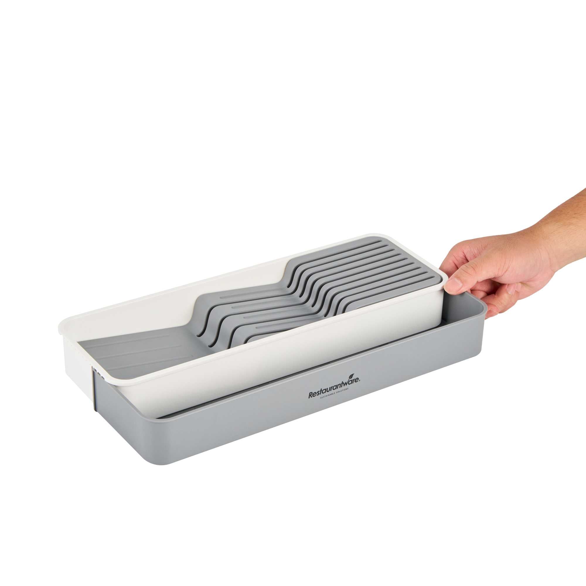 Clean Tek Professional Gray and White Plastic Expandable 2-Tier Knife Drawer Organizer - 15 1/2" x 5 1/2" x 2 1/4" - 12 count box