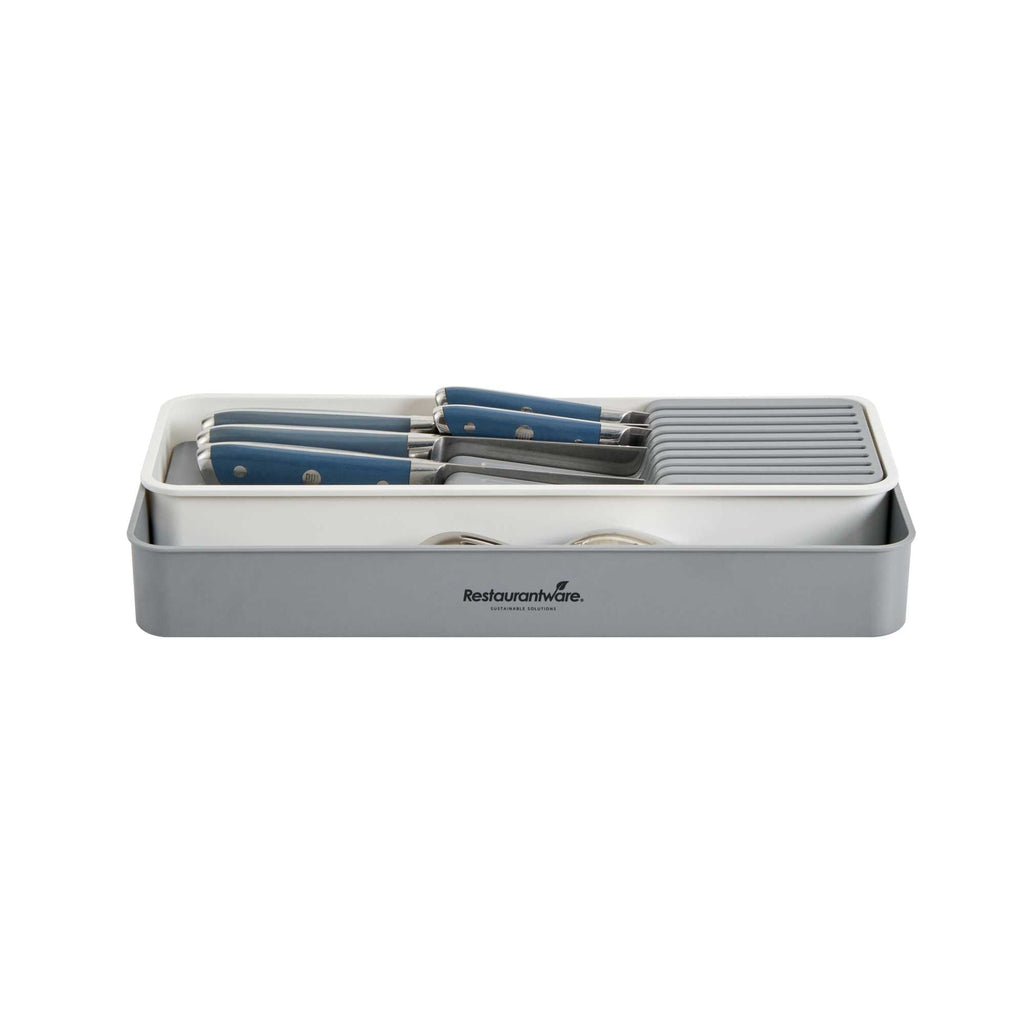 Clean Tek Professional Gray and White Plastic Expandable 2-Tier Knife Drawer Organizer - 15 1/2" x 5 1/2" x 2 1/4" - 12 count box