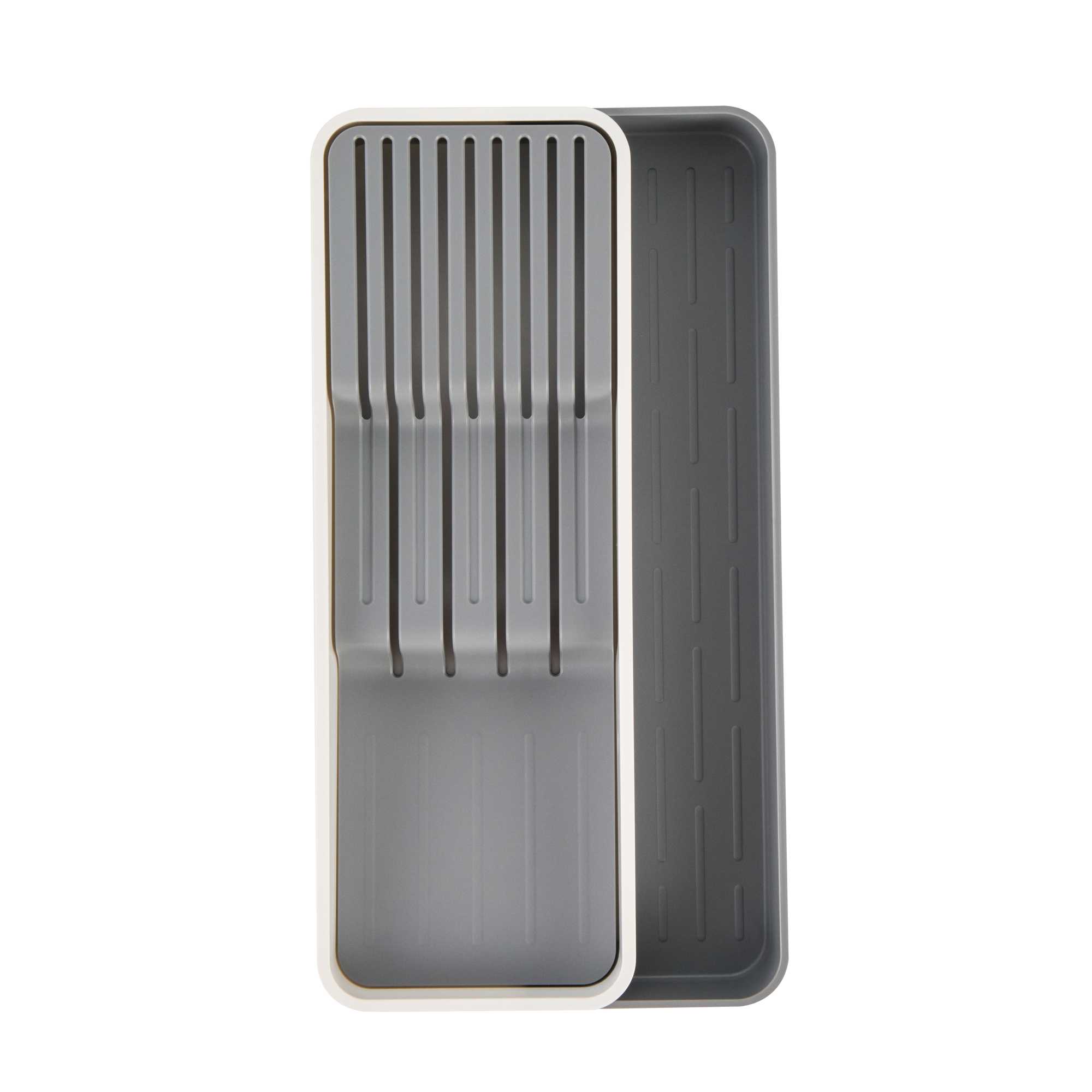 Clean Tek Professional Gray and White Plastic Expandable 2-Tier Knife Drawer Organizer - 15 1/2" x 5 1/2" x 2 1/4" - 12 count box