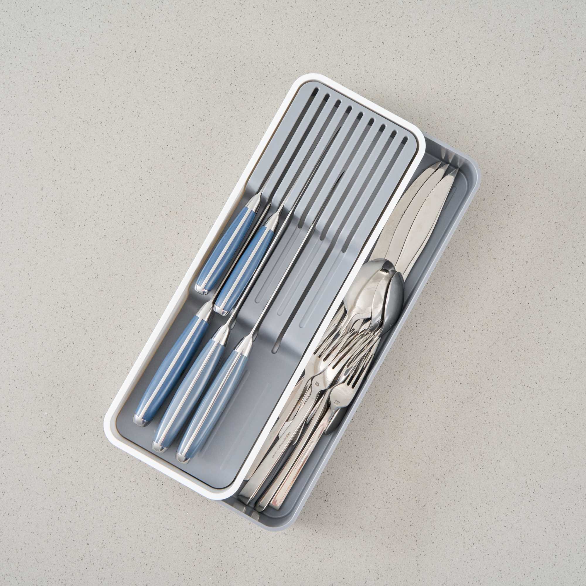 Clean Tek Professional Gray and White Plastic Expandable 2-Tier Knife Drawer Organizer - 15 1/2" x 5 1/2" x 2 1/4" - 12 count box