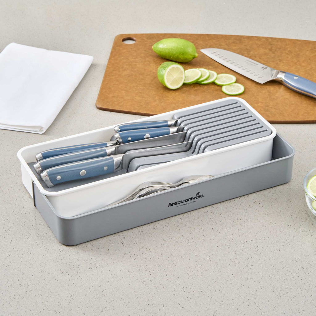 Clean Tek Professional Gray and White Plastic Expandable 2-Tier Knife Drawer Organizer - 15 1/2" x 5 1/2" x 2 1/4" - 12 count box