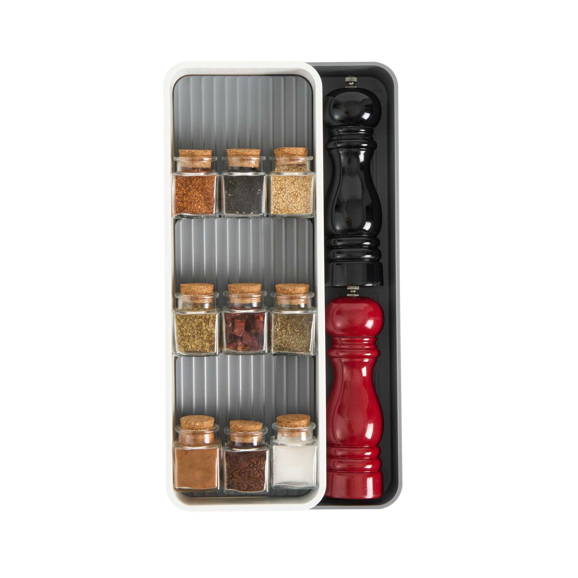 Clean Tek Professional Gray and White Plastic Expandable 3-Tier Spice Drawer Organizer - 15 1/2" x 5 1/2" x 2 1/4" - 1 count box