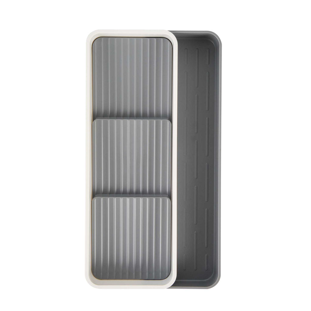 Clean Tek Professional Gray and White Plastic Expandable 3-Tier Spice Drawer Organizer - 15 1/2" x 5 1/2" x 2 1/4" - 1 count box