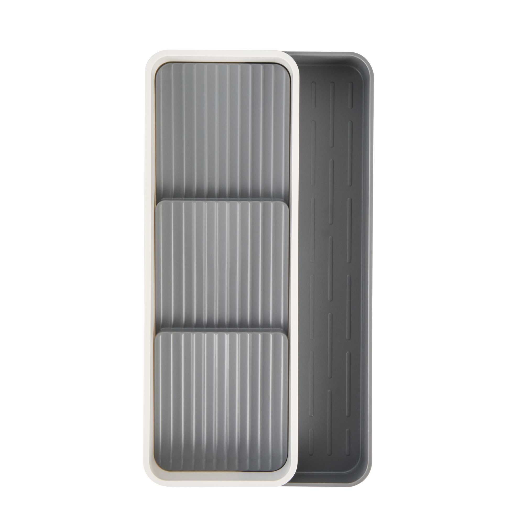 Clean Tek Professional Gray and White Plastic Expandable 3-Tier Spice Drawer Organizer - 15 1/2" x 5 1/2" x 2 1/4" - 1 count box