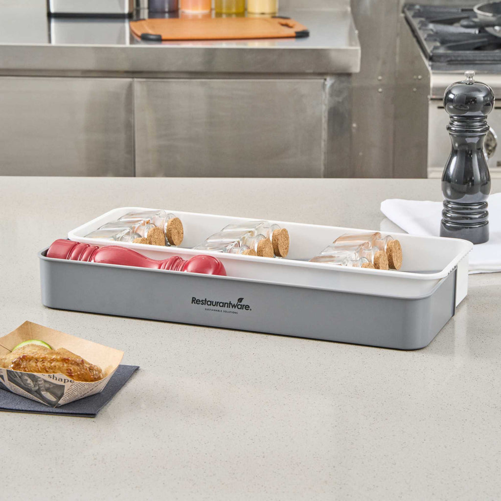 Clean Tek Professional Gray and White Plastic Expandable 3-Tier Spice Drawer Organizer - 15 1/2" x 5 1/2" x 2 1/4" - 1 count box