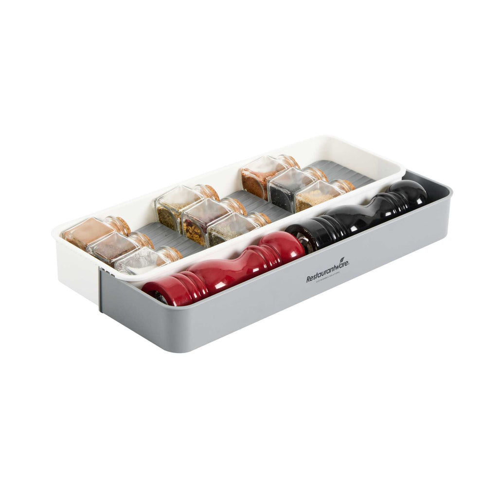Clean Tek Professional Gray and White Plastic Expandable 3-Tier Spice Drawer Organizer - 15 1/2" x 5 1/2" x 2 1/4" - 12 count box