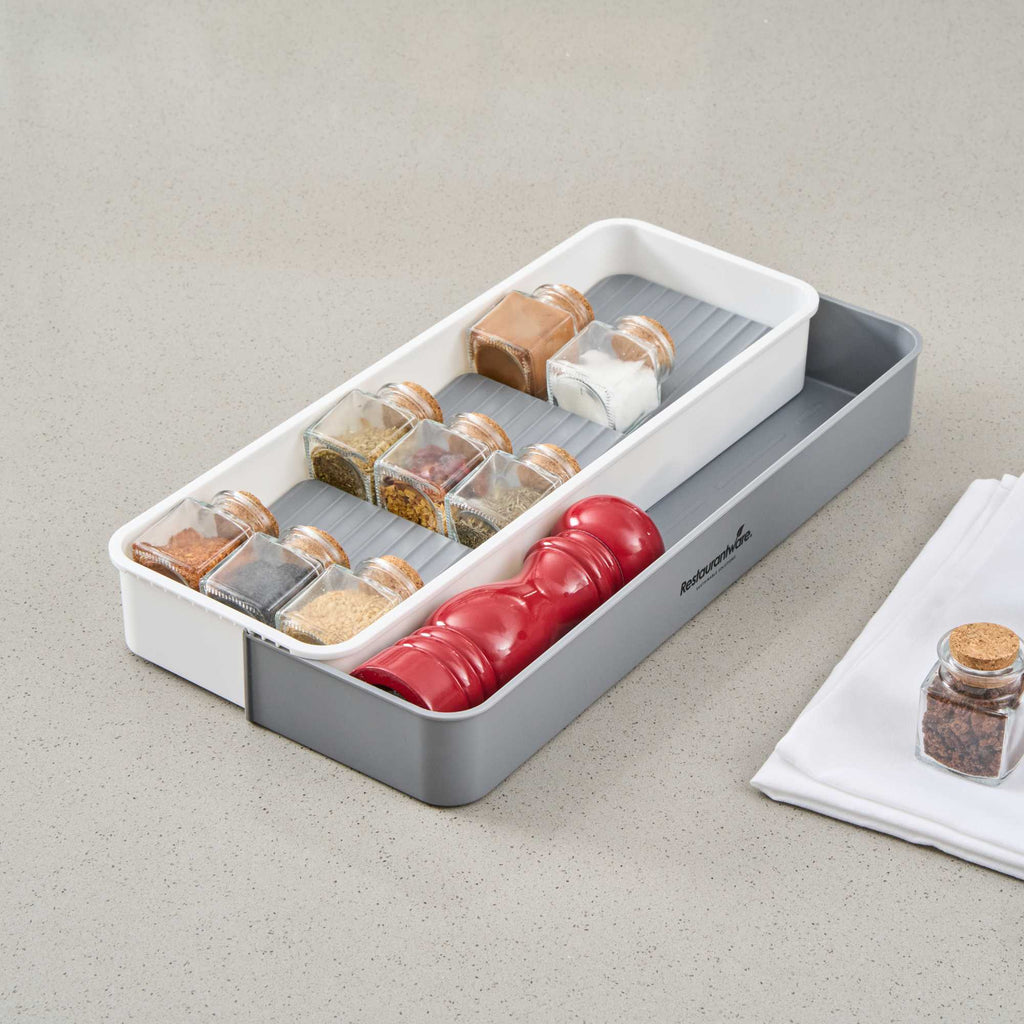 Clean Tek Professional Gray and White Plastic Expandable 3-Tier Spice Drawer Organizer - 15 1/2" x 5 1/2" x 2 1/4" - 12 count box