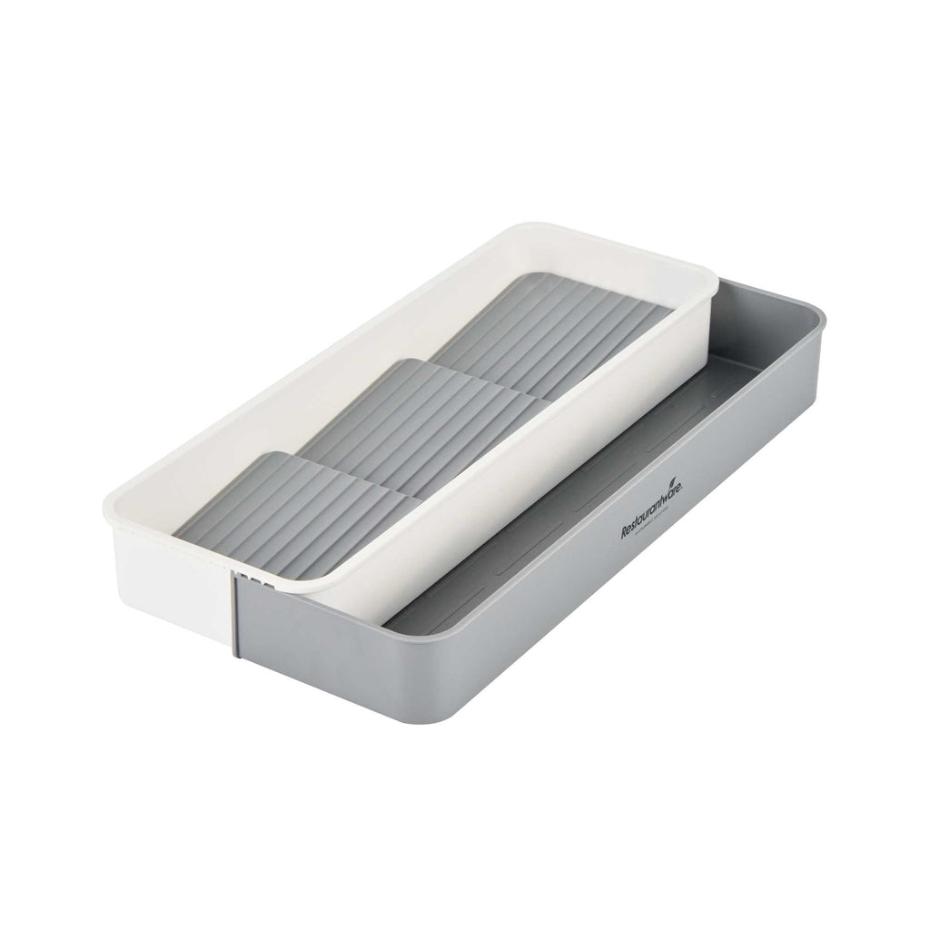 Clean Tek Professional Gray and White Plastic Expandable 3-Tier Spice Drawer Organizer - 15 1/2" x 5 1/2" x 2 1/4" - 12 count box
