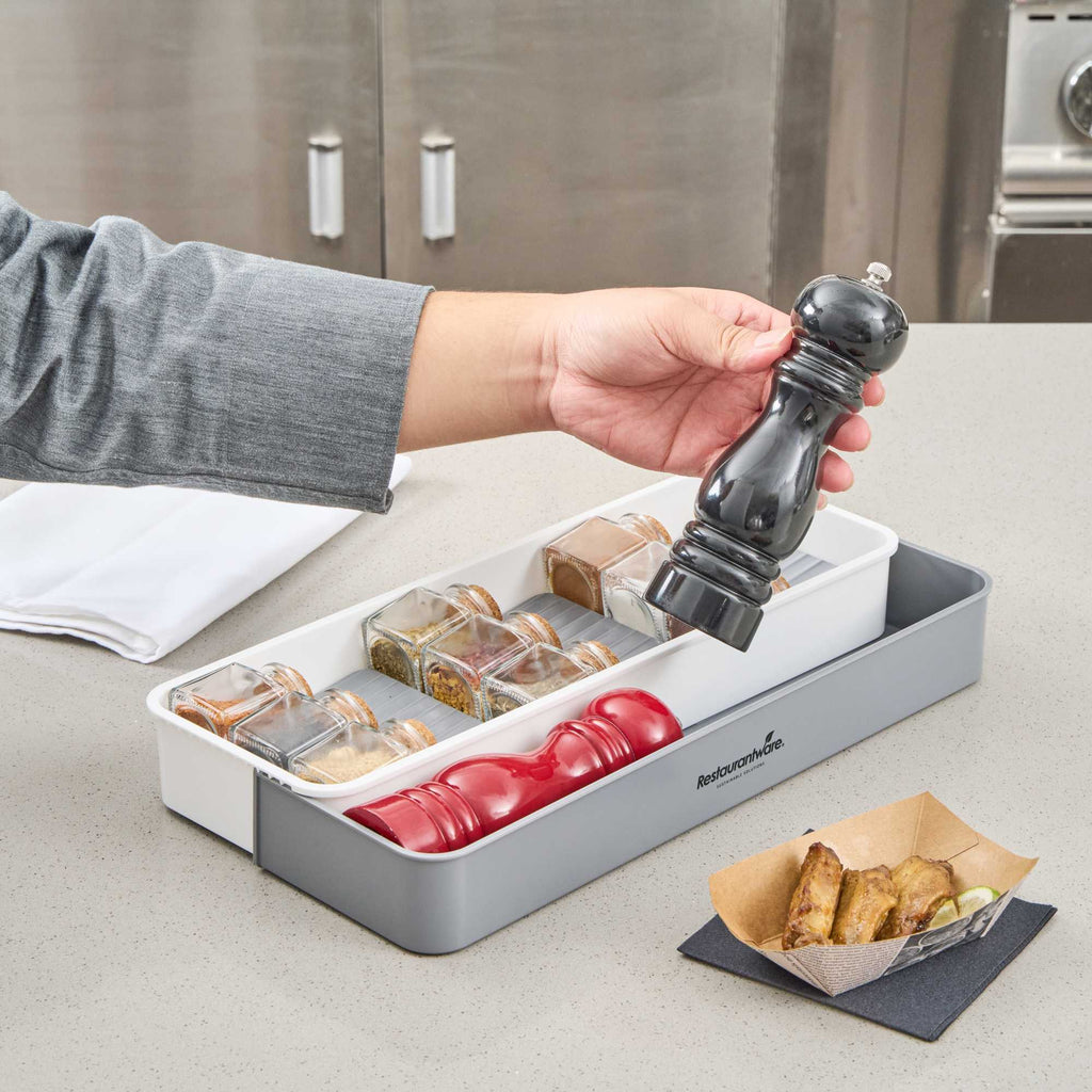 Clean Tek Professional Gray and White Plastic Expandable 3-Tier Spice Drawer Organizer - 15 1/2" x 5 1/2" x 2 1/4" - 12 count box