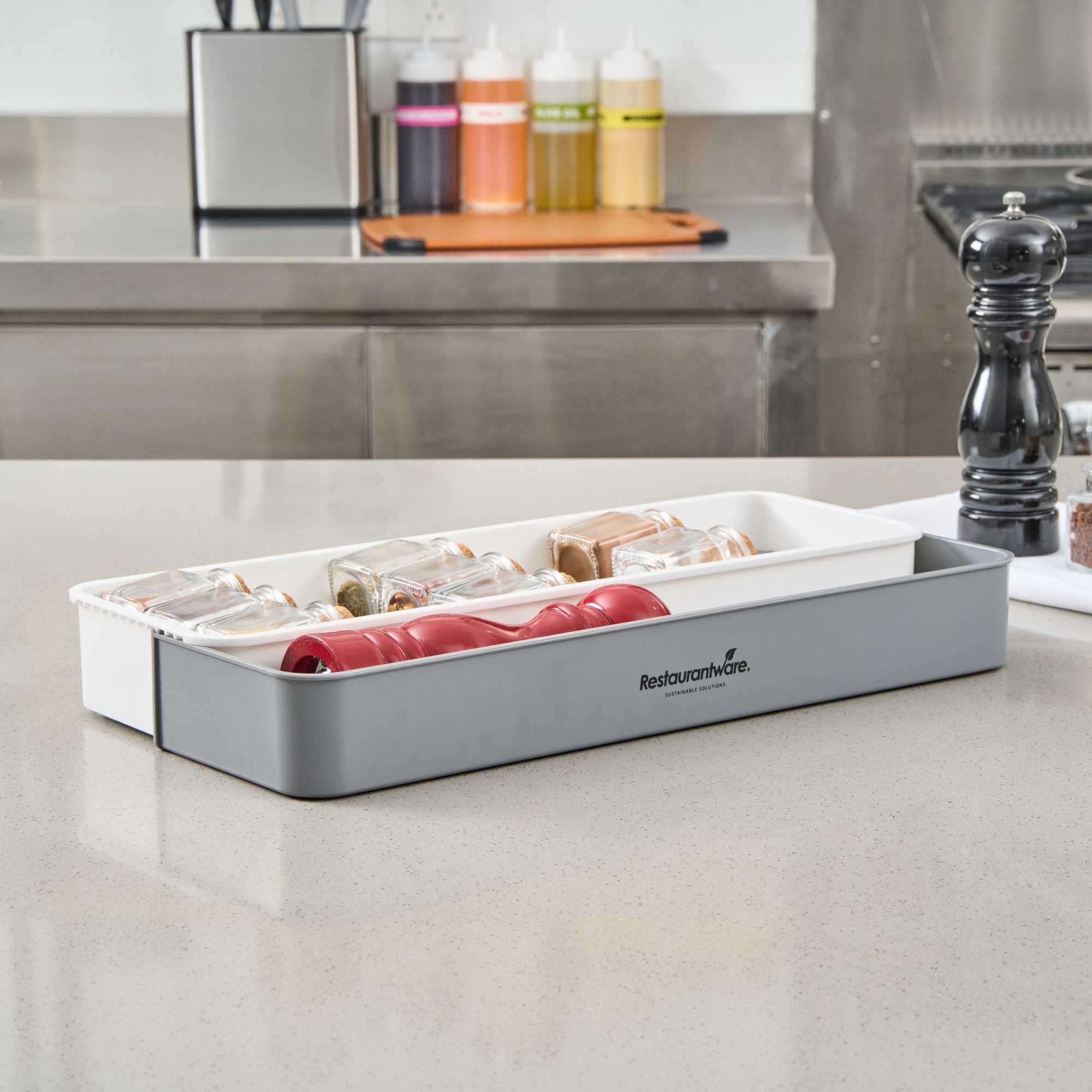 Clean Tek Professional Gray and White Plastic Expandable 3-Tier Spice Drawer Organizer - 15 1/2" x 5 1/2" x 2 1/4" - 12 count box