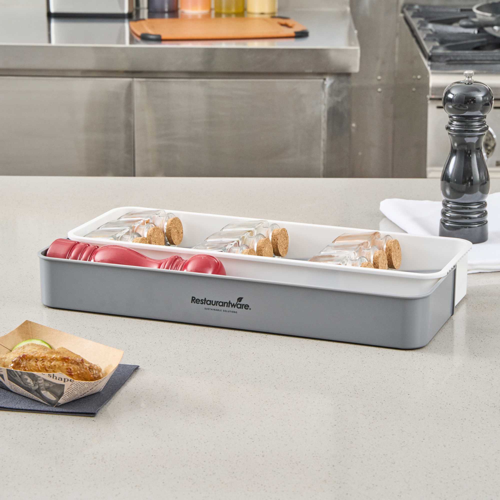 Clean Tek Professional Gray and White Plastic Expandable 3-Tier Spice Drawer Organizer - 15 1/2" x 5 1/2" x 2 1/4" - 12 count box