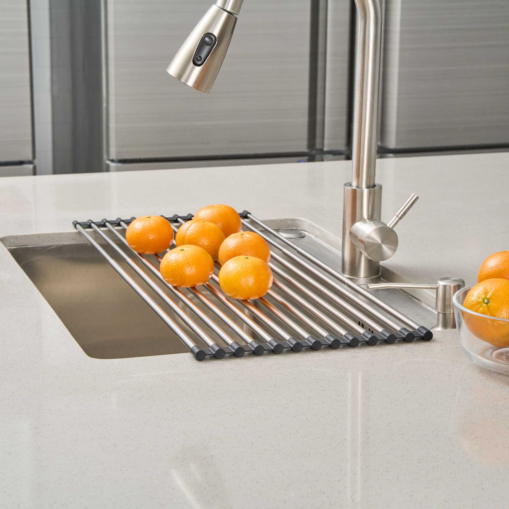 Clean Tek Professional Gray Stainless Steel Over-Sink Roll-Up Drying Rack - Extendable, Non-Slip - 15 3/4" x 9 1/2" - 12 count box
