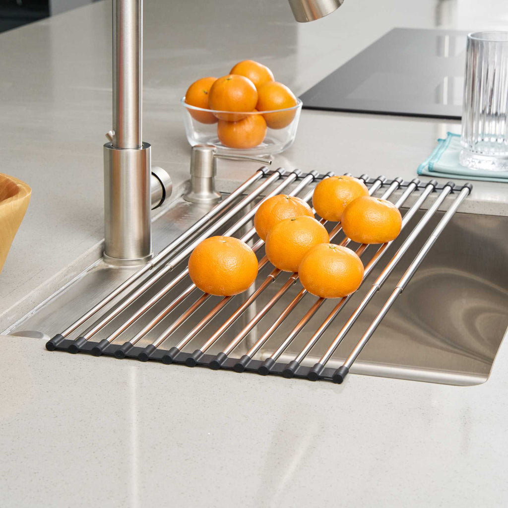 Clean Tek Professional Gray Stainless Steel Over-Sink Roll-Up Drying Rack - Extendable, Non-Slip - 15 3/4" x 9 1/2" - 12 count box
