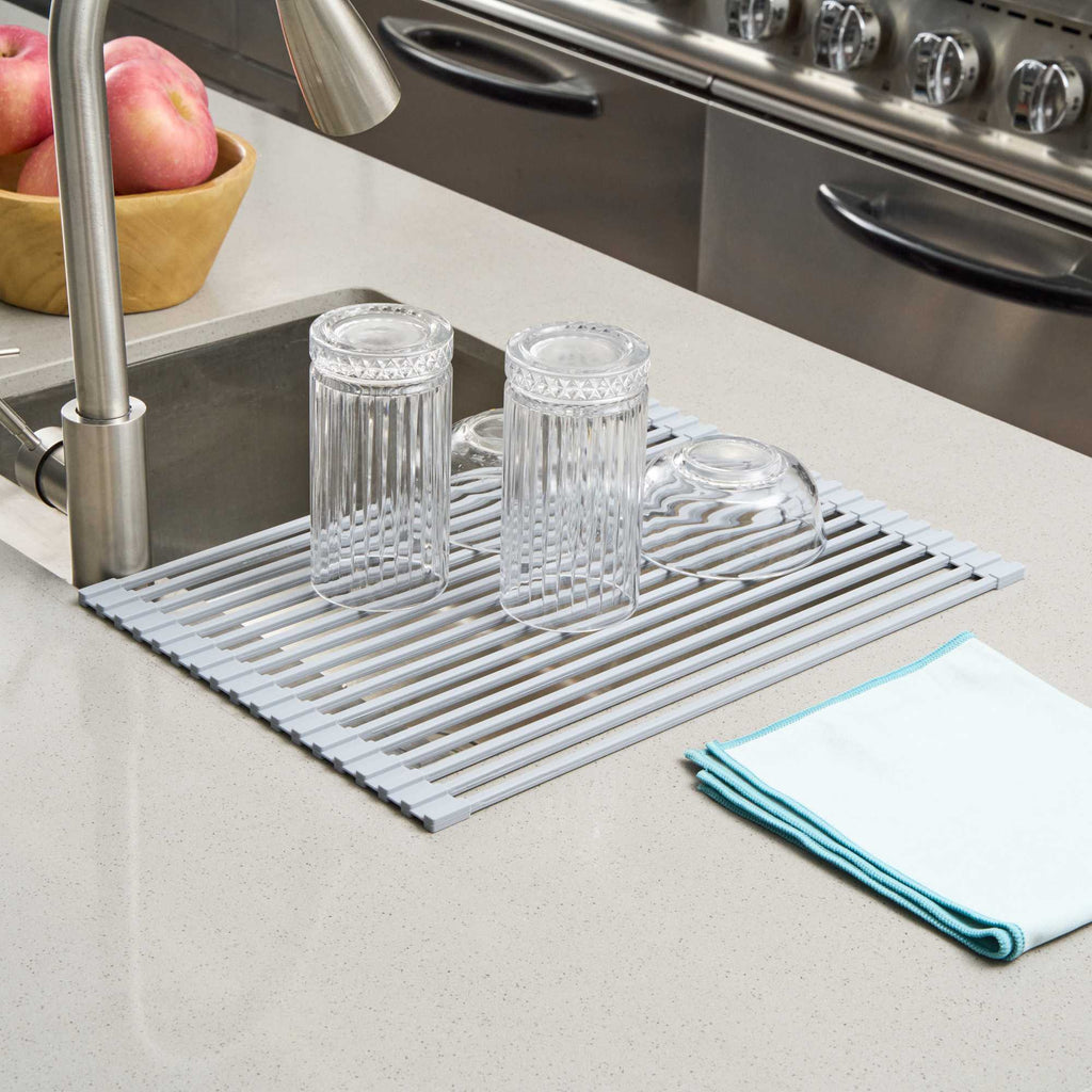 Clean Tek Professional Gray Steel Over-Sink Roll-Up Drying Rack - Non-Slip - 17" x 13" - 1 count box