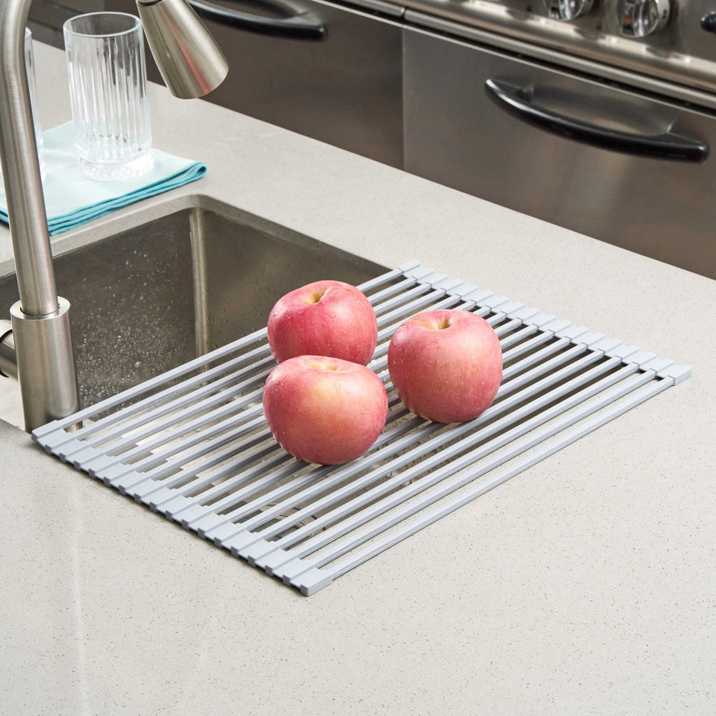 Clean Tek Professional Gray Steel Over-Sink Roll-Up Drying Rack - Non-Slip - 17" x 13" - 1 count box