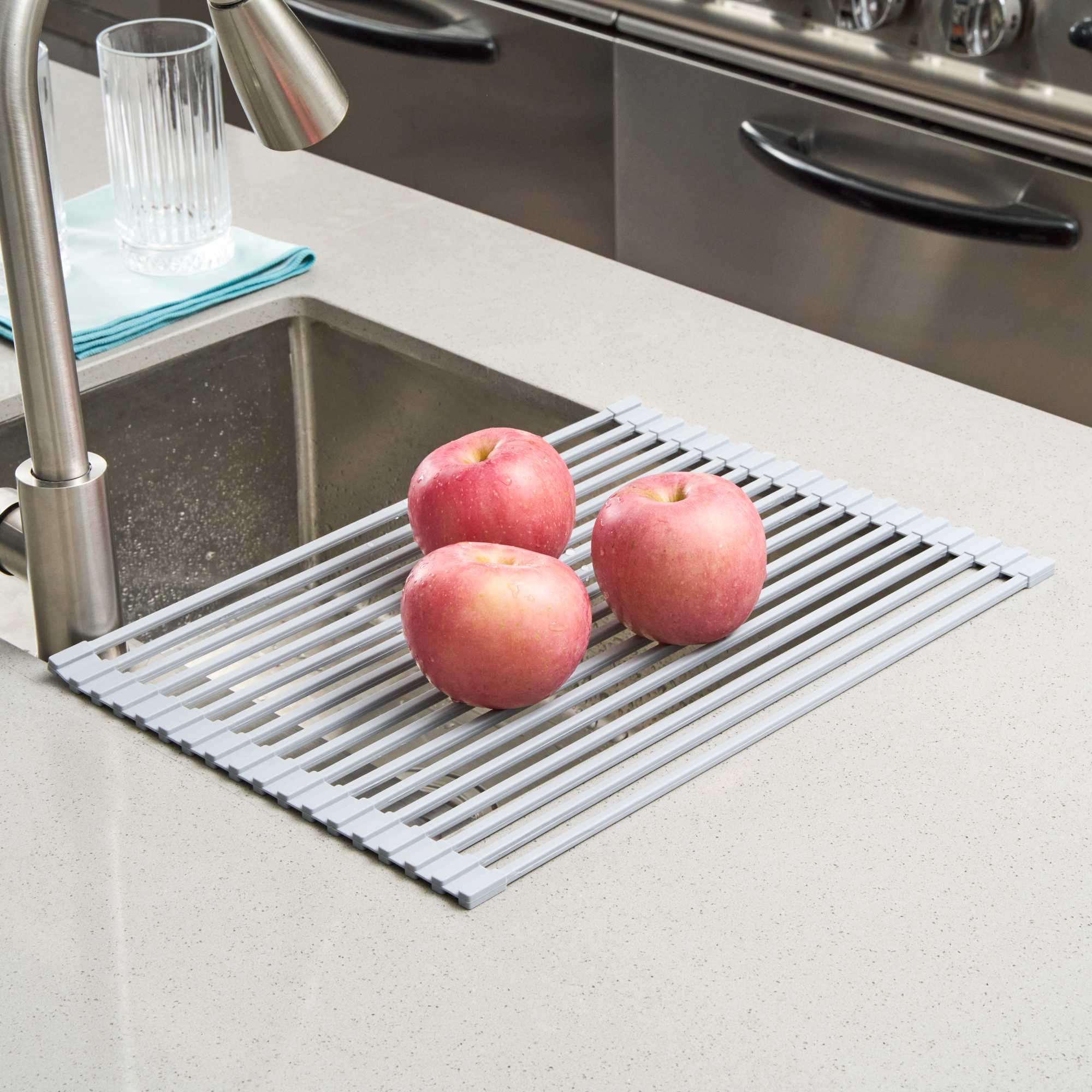 Clean Tek Professional Gray Steel Over-Sink Roll-Up Drying Rack - Non-Slip - 17" x 13" - 1 count box