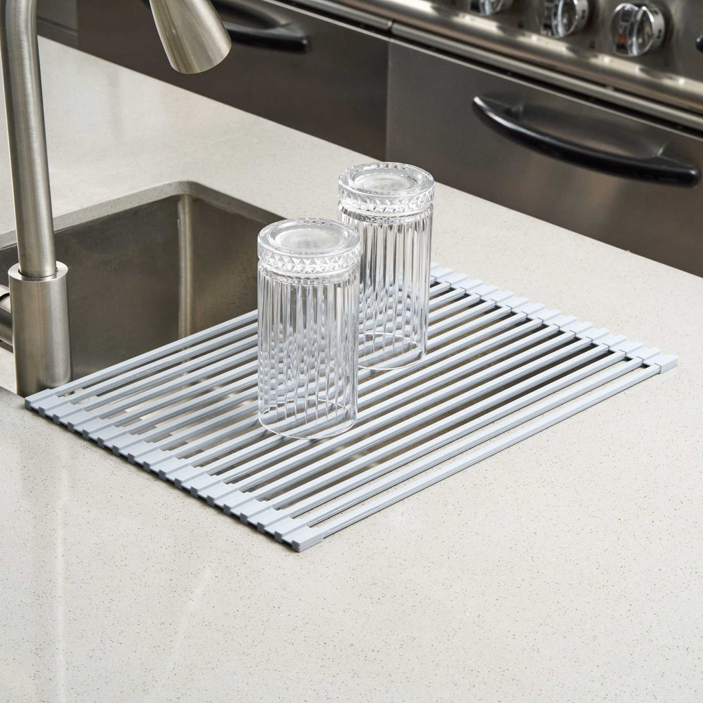 Clean Tek Professional Gray Steel Over-Sink Roll-Up Drying Rack - Non-Slip - 17" x 13" - 12 count box
