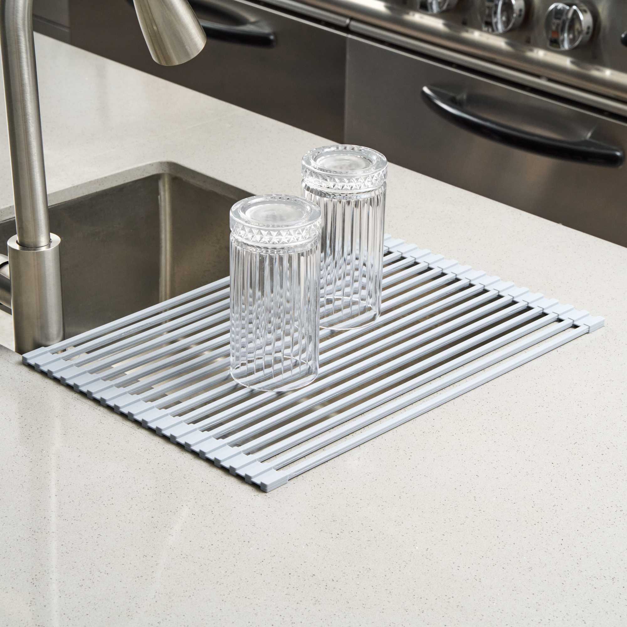 Clean Tek Professional Gray Steel Over-Sink Roll-Up Drying Rack - Non-Slip - 17" x 13" - 12 count box