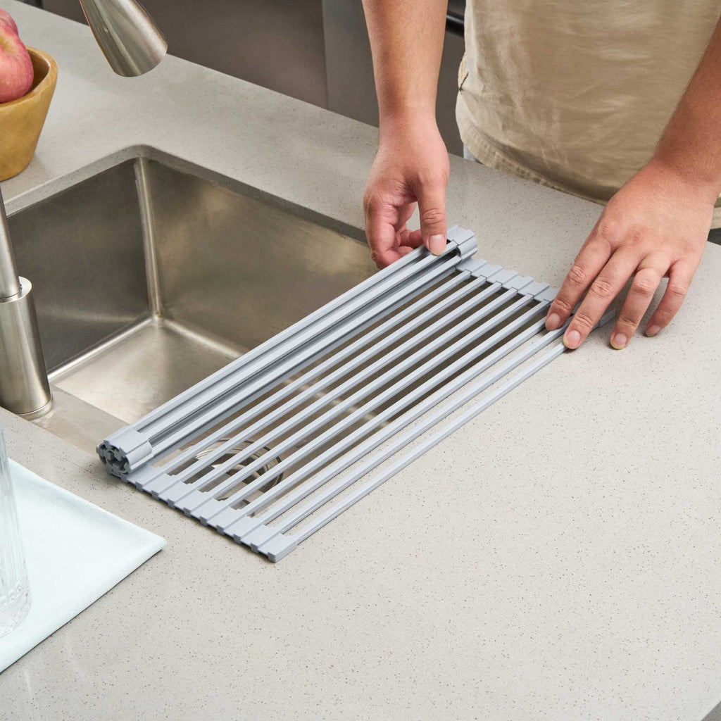 Clean Tek Professional Gray Steel Over-Sink Roll-Up Drying Rack - Non-Slip - 17" x 13" - 12 count box