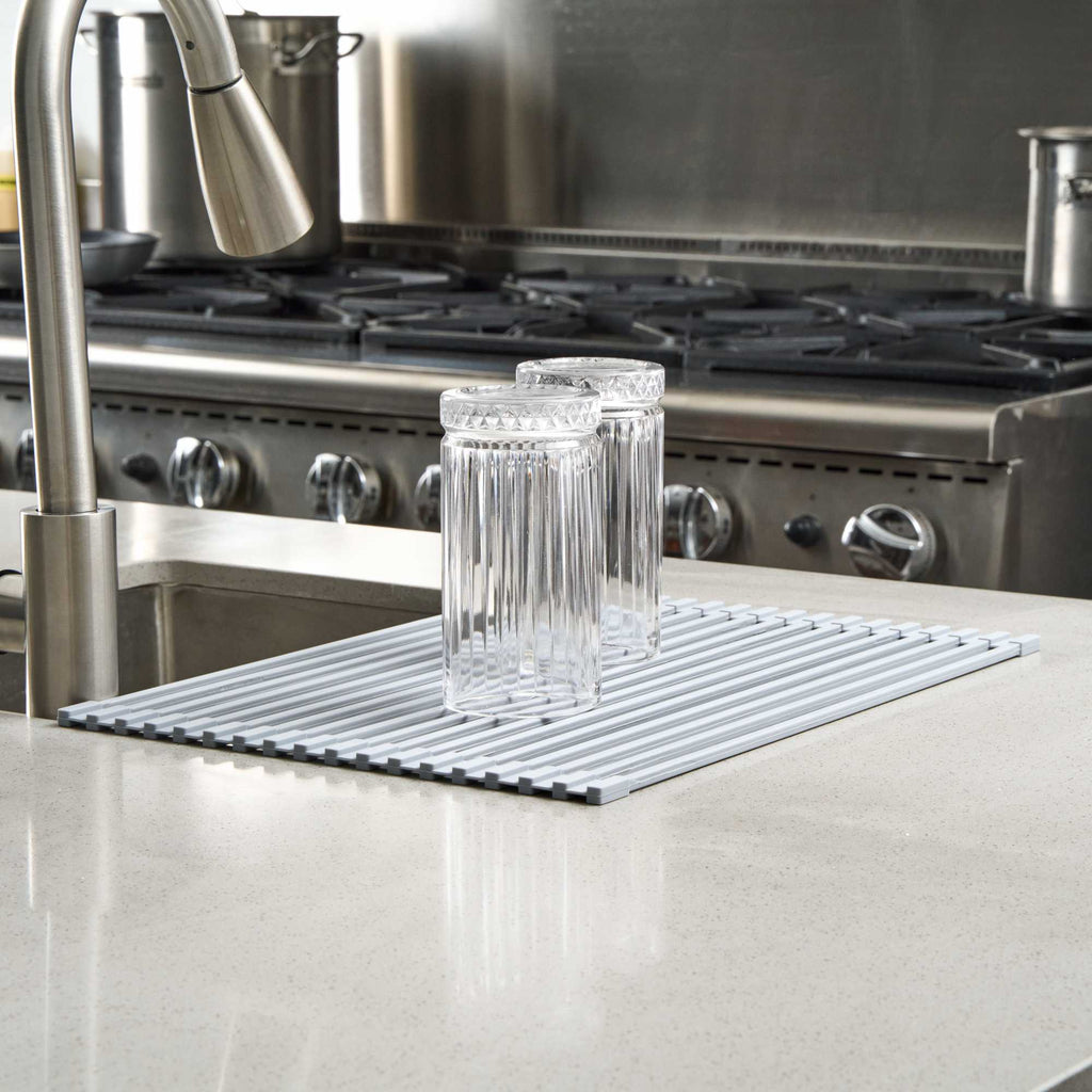 Clean Tek Professional Gray Steel Over-Sink Roll-Up Drying Rack - Non-Slip - 17" x 13" - 12 count box