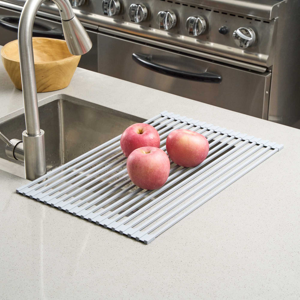 Clean Tek Professional Gray Steel Over-Sink Roll-Up Drying Rack - Non-Slip - 20 1/2" x 13" - 12 count box