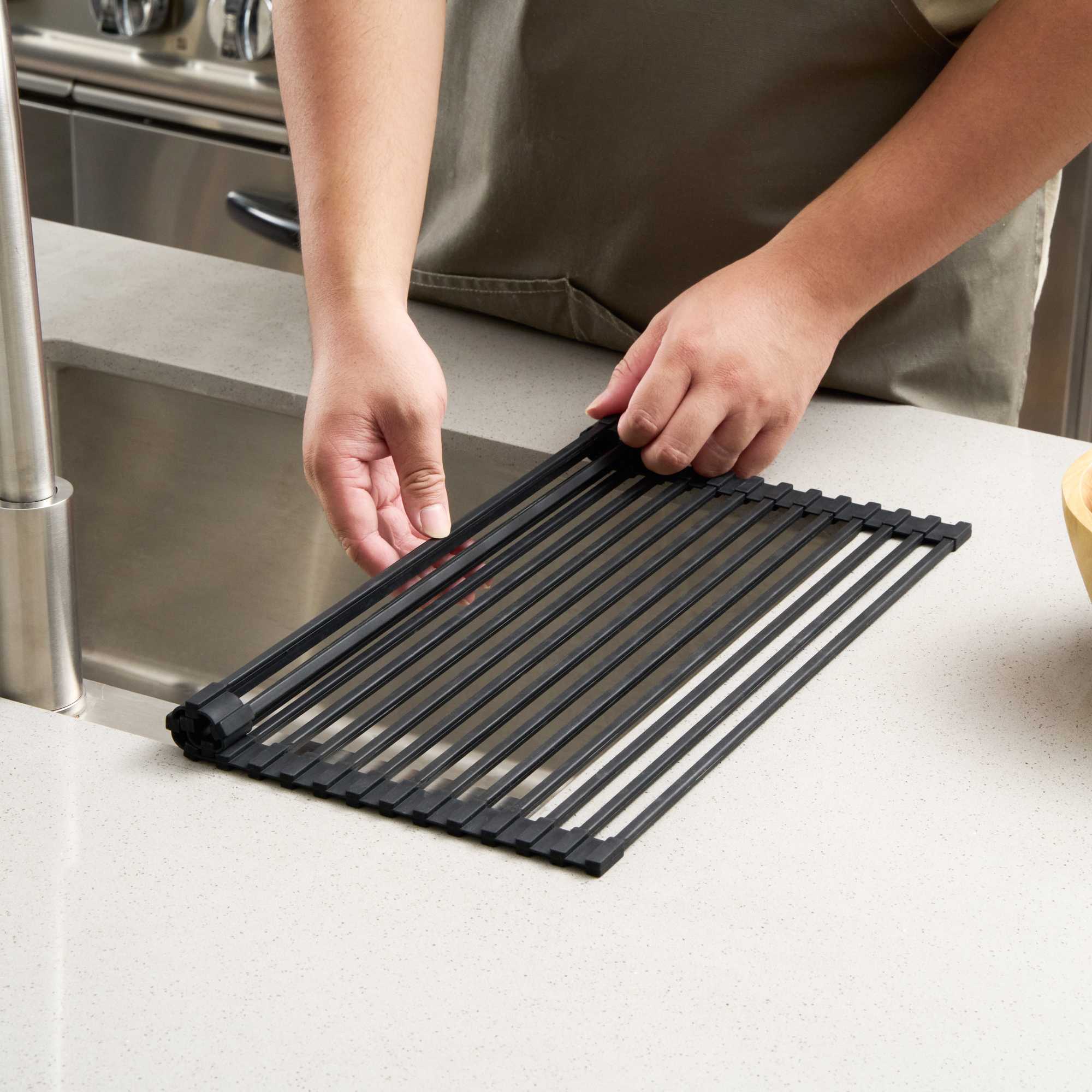 Clean Tek Professional Black Steel Over-Sink Roll-Up Drying Rack - Non-Slip - 17" x 13" - 1 count box
