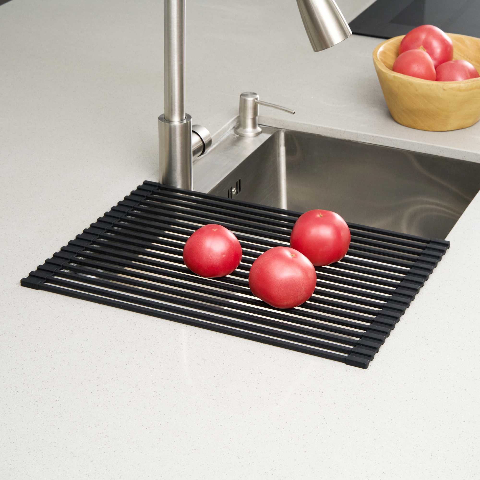 Clean Tek Professional Black Steel Over-Sink Roll-Up Drying Rack - Non-Slip - 17" x 13" - 12 count box