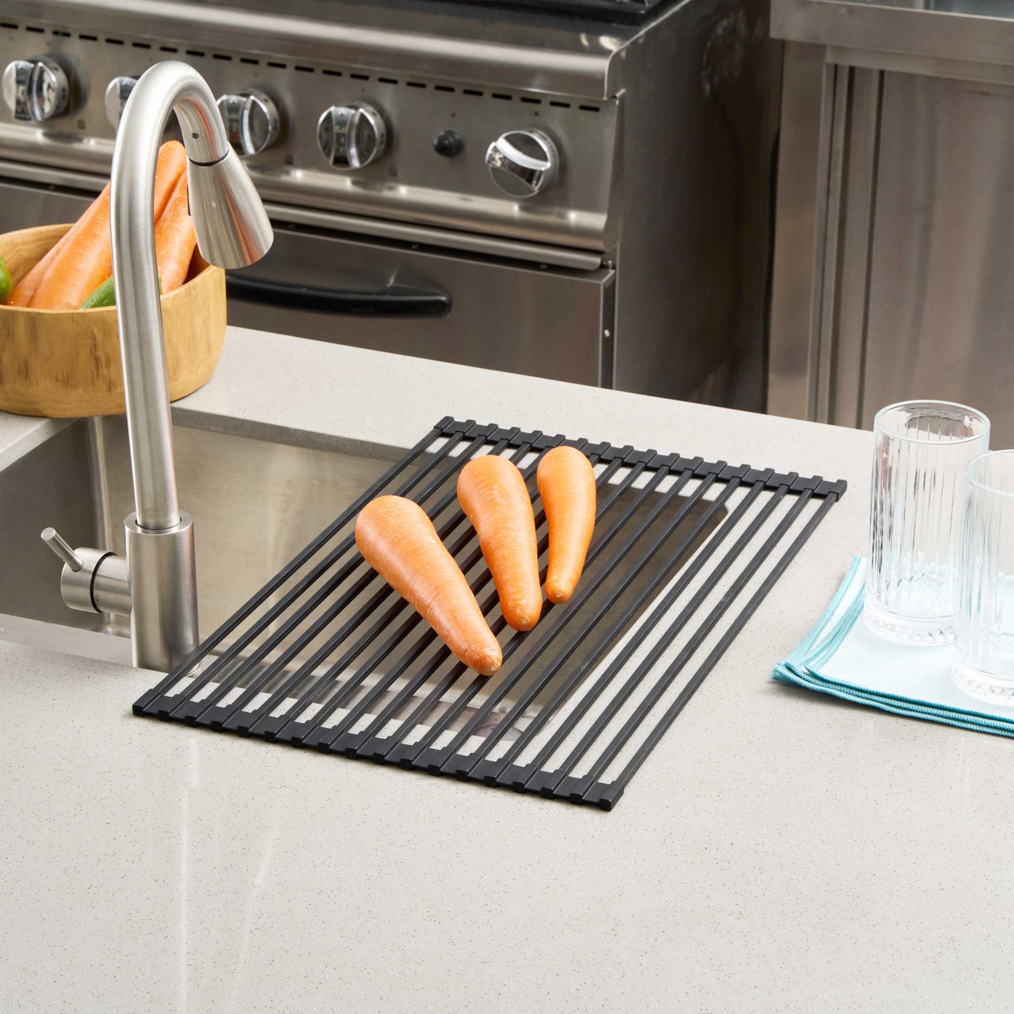 Clean Tek Professional Black Steel Over-Sink Roll-Up Drying Rack - Non-Slip - 20 1/2" x 13" - 12 count box
