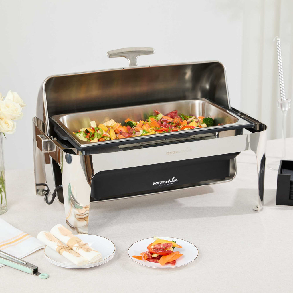 Cater Tek 14 qt Full Size Electric Chafer - Stainless Steel Roll Top Cover, Food Pan, Stand, 120V, 760W - 1 count box