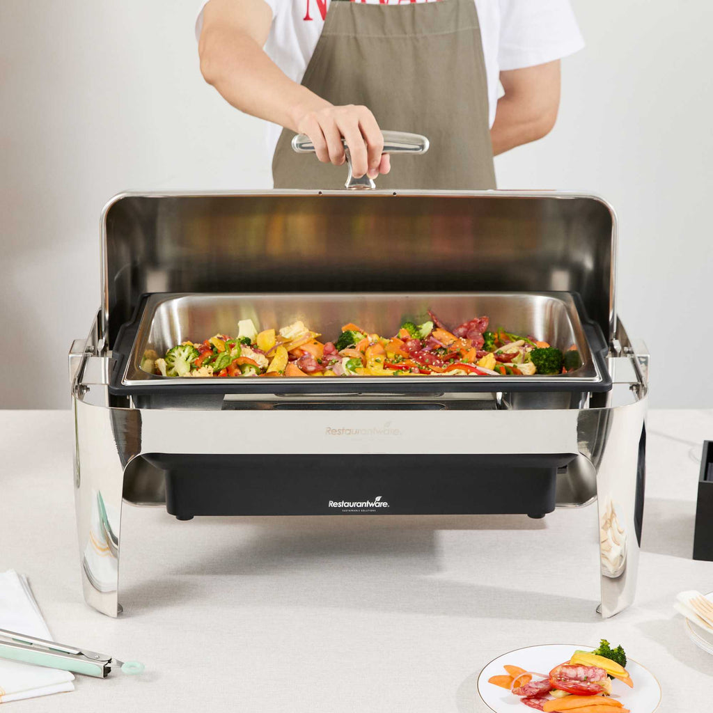 Cater Tek 14 qt Full Size Electric Chafer - Stainless Steel Roll Top Cover, Food Pan, Stand, 120V, 760W - 1 count box